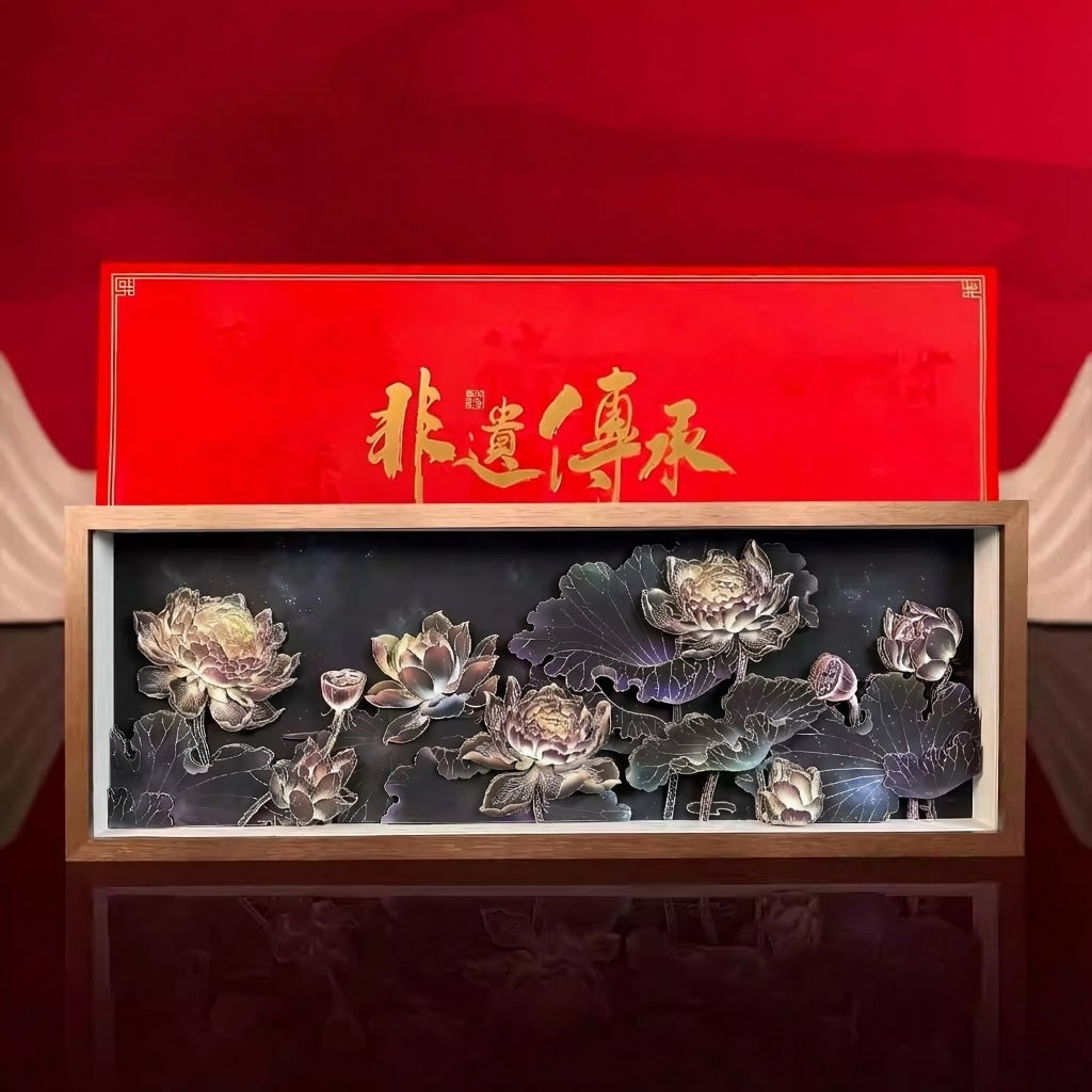 3D "Serene Lotus Pond" Panoramic Shadow Box – Handcrafted Paper Carving Art, Walnut-Framed (ICH Series)