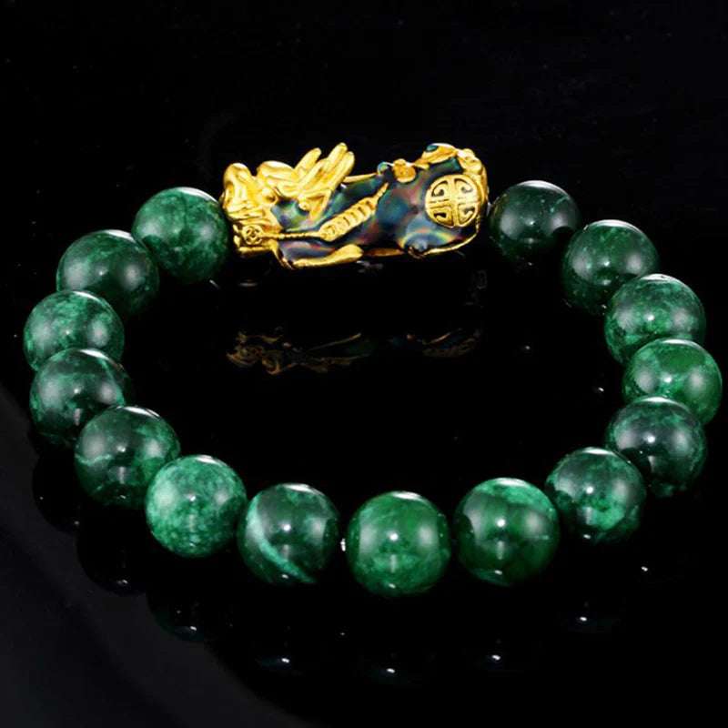 Green jade prayer beads with golden dragon clasp, Buddhist meditation accessory