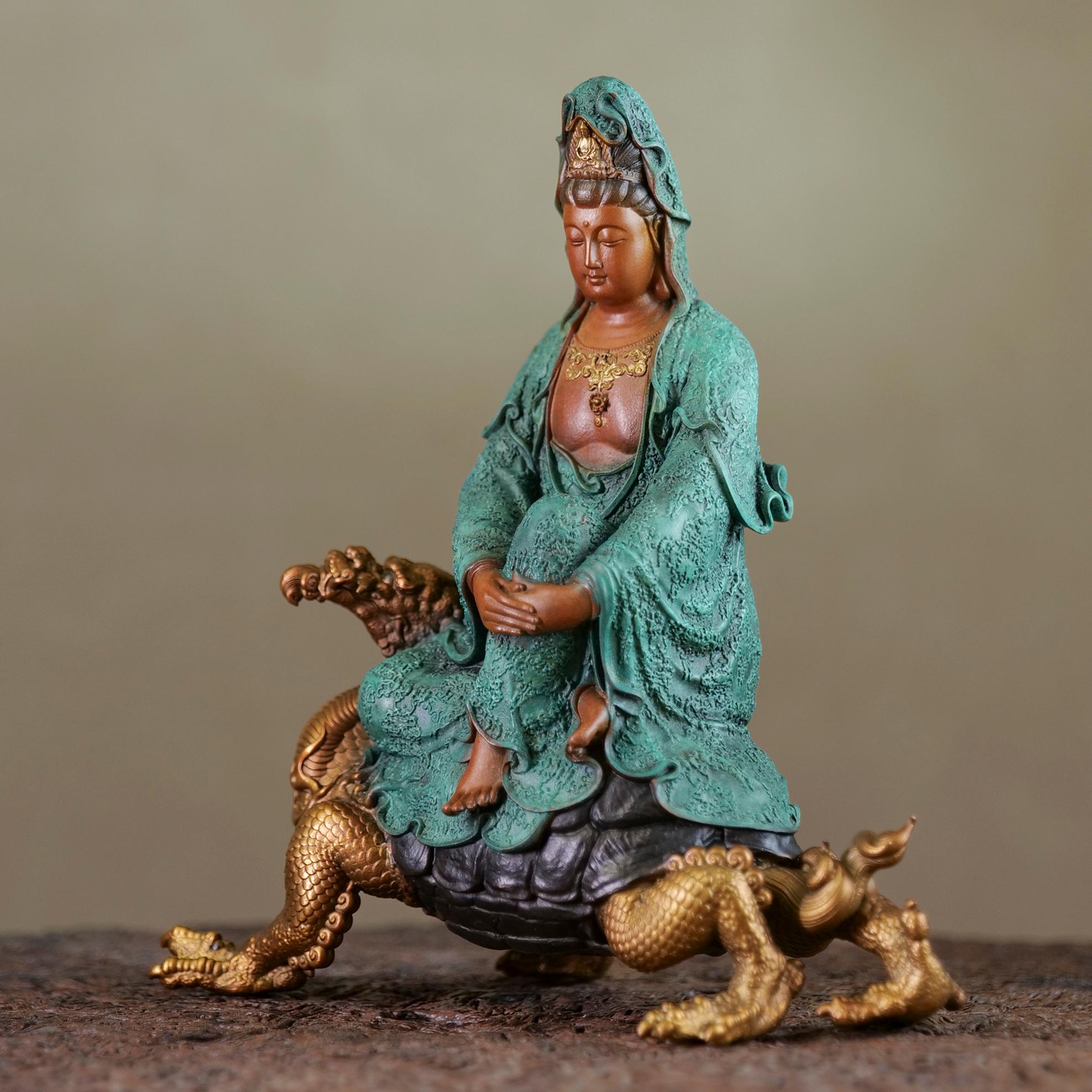Longevity Guanyin on Loong Turtle – Handcrafted Copper Sculpture for Peace & Stability