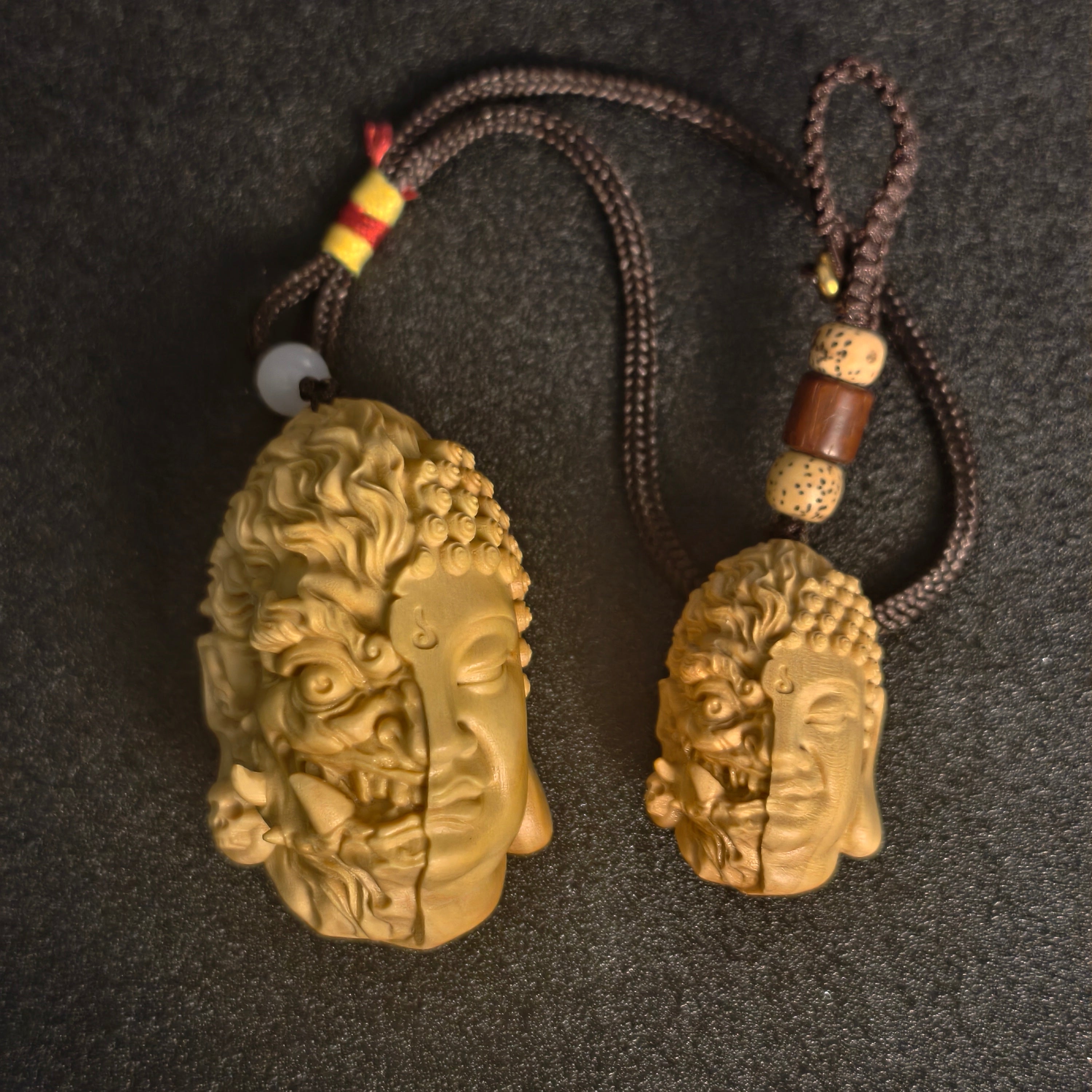 Hand-carved Buddha and demon face pendant, dual-sided spiritual amulet with prayer beads, mindfulness jewelry