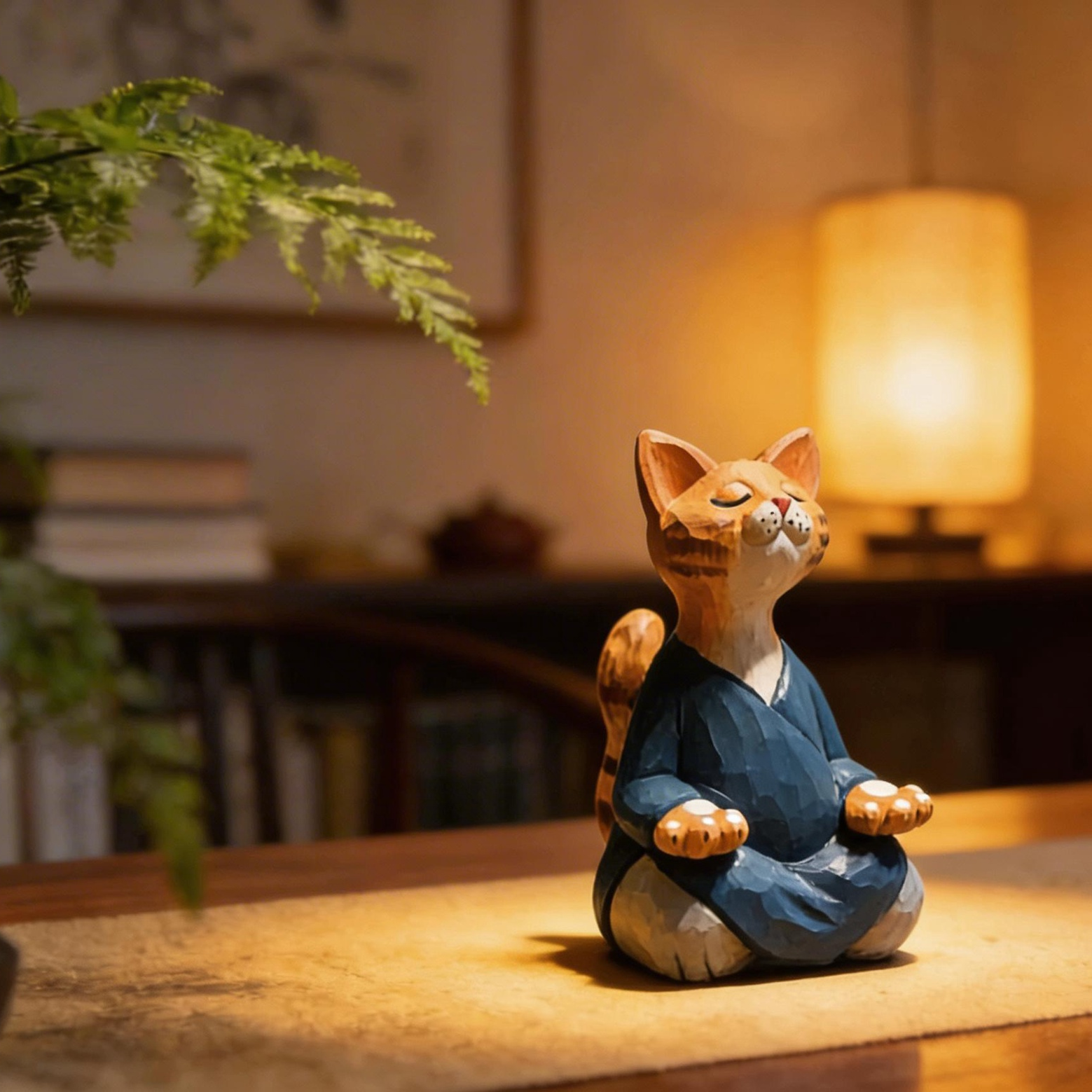 精神統一する猫：安らかな青いローブをまとった職人手彫りの木製置物