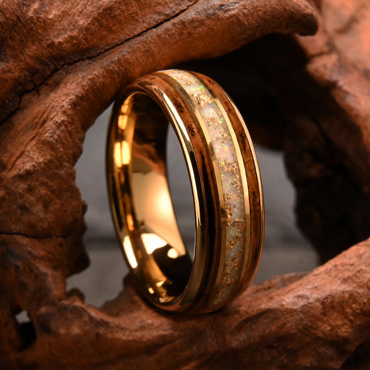 8mm Gold-Plated Tungsten Ring with White Opal, Gold Foil & Wood Inlay – Shaolin-Inspired Unisex Wedding Band