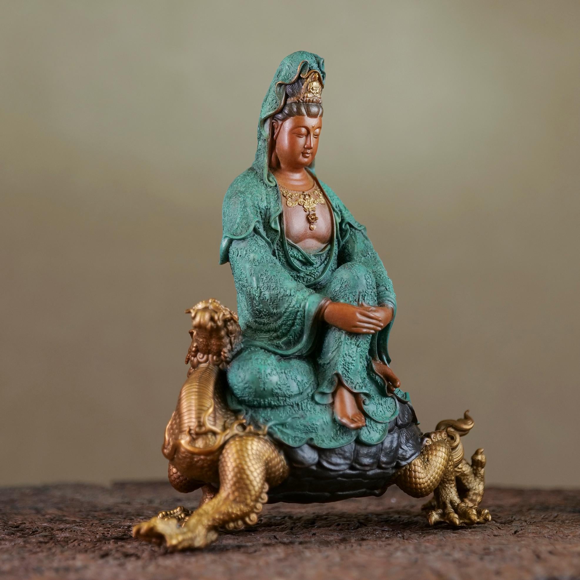 Longevity Guanyin on Loong Turtle – Handcrafted Copper Sculpture for Peace & Stability