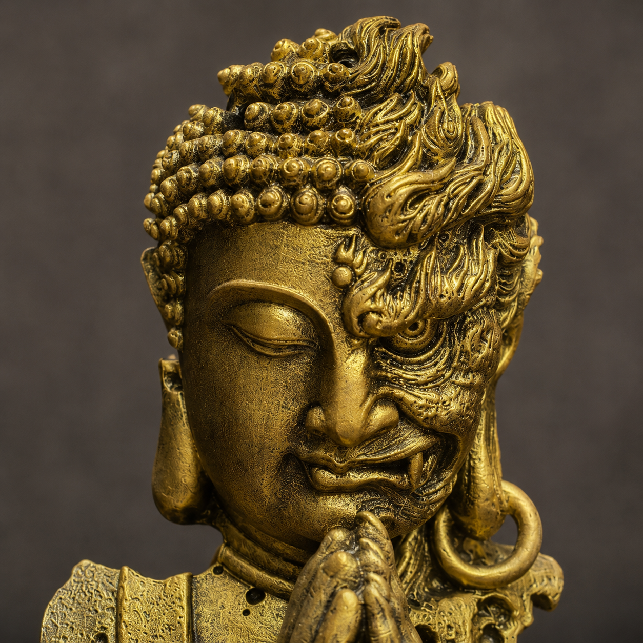 Harmony in Chaos: The Gold-Painted “Peace & Strength” Sandstone Sculpture