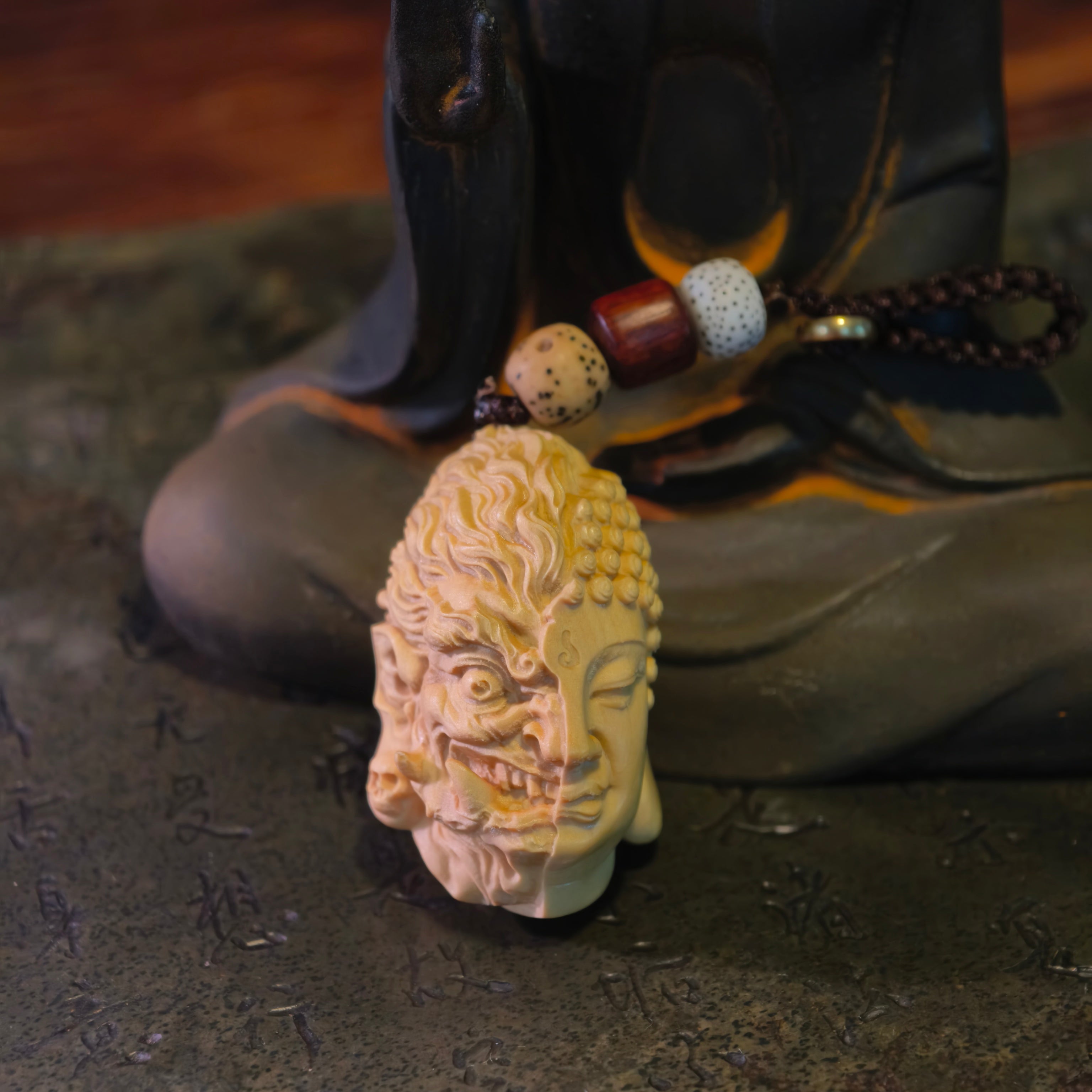 Harmony in Chaos – “The Duality of Mind” Half Buddha, Half Demon Boxwood Pendant - ShaolinMart