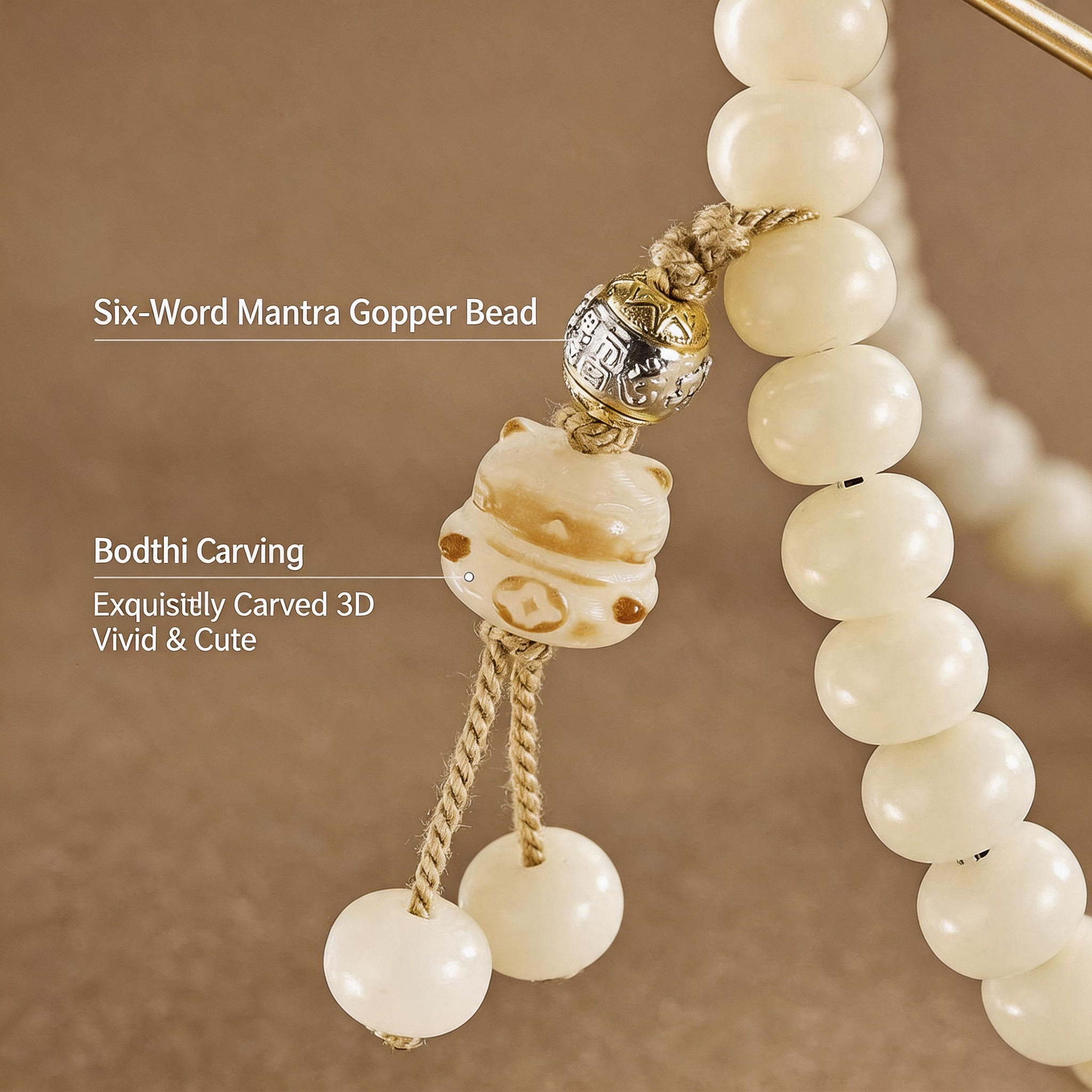 White Bodhi Multi-Wrap Mala Bracelet with 925 Silver Mantra Bead & Lucky Cat Charm