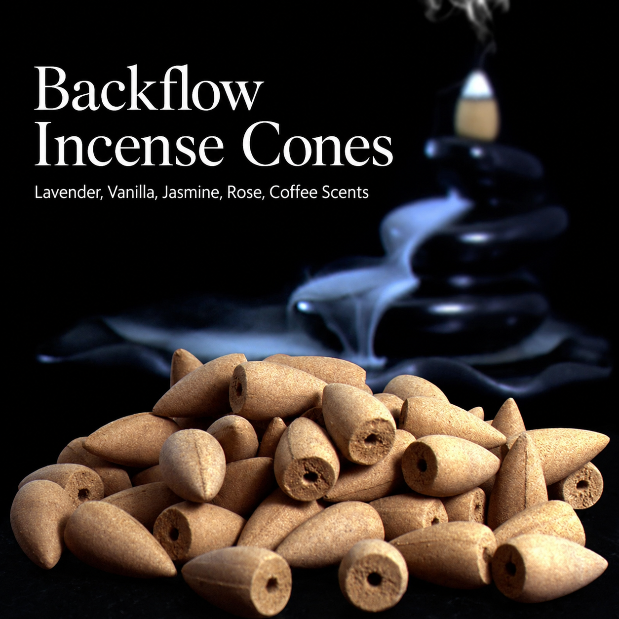 Backflow Incense Cones Bulk Set for Waterfall Incense Burner – 500 Count, Lavender, Vanilla, Jasmine, Rose, Coffee Scents