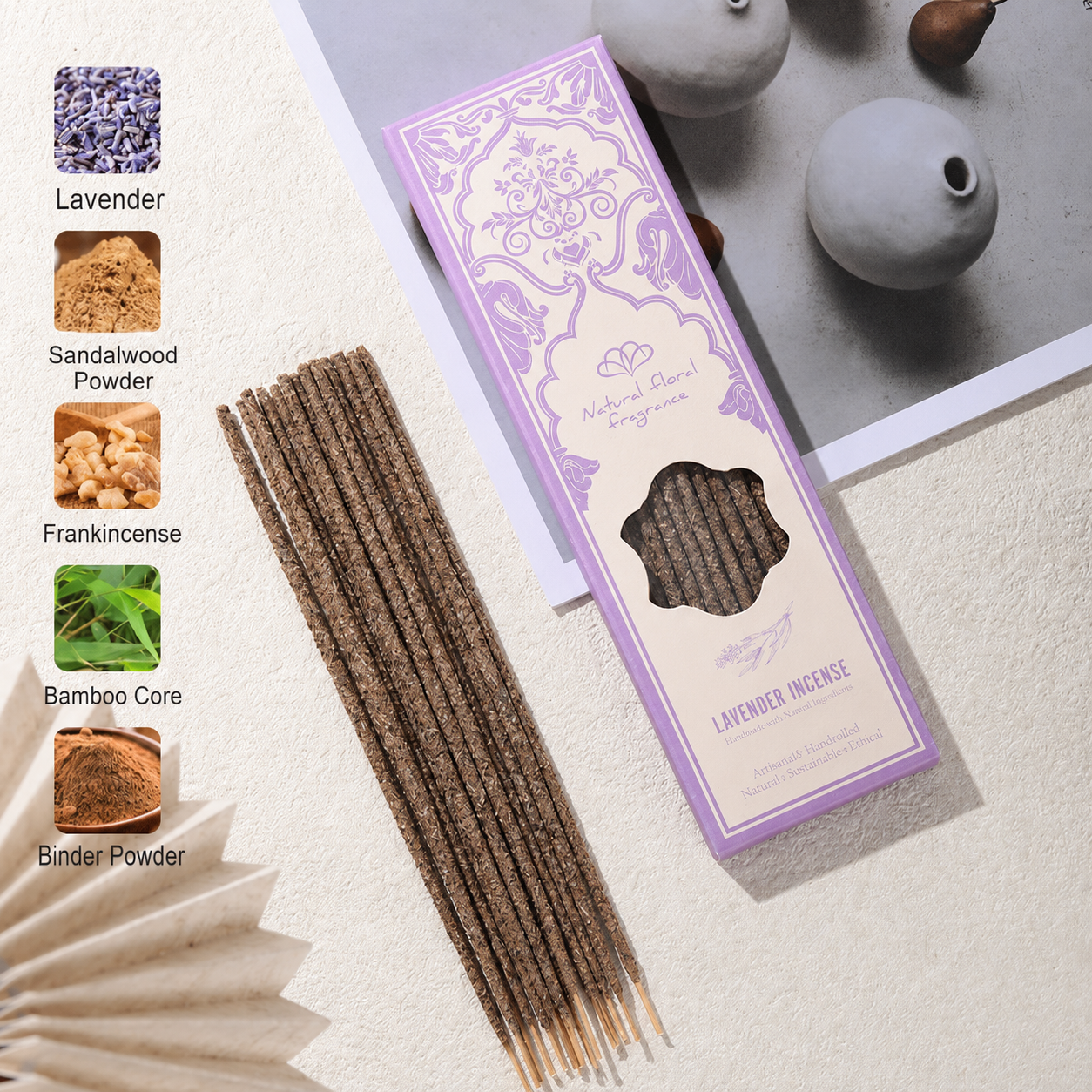 Handmade Floral Incense Sticks – Natural Rose, Lavender, Jasmine, Osmanthus & Green Tea Incense, 20 Sticks