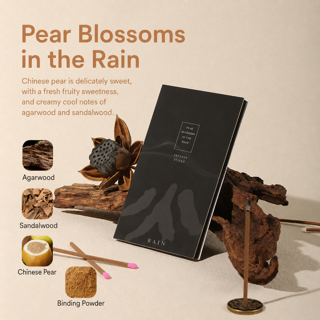 Premium Match Incense Gift Box – Natural Sandalwood, Pear Blossom & Ambergris-Inspired Incense, 8 Sticks