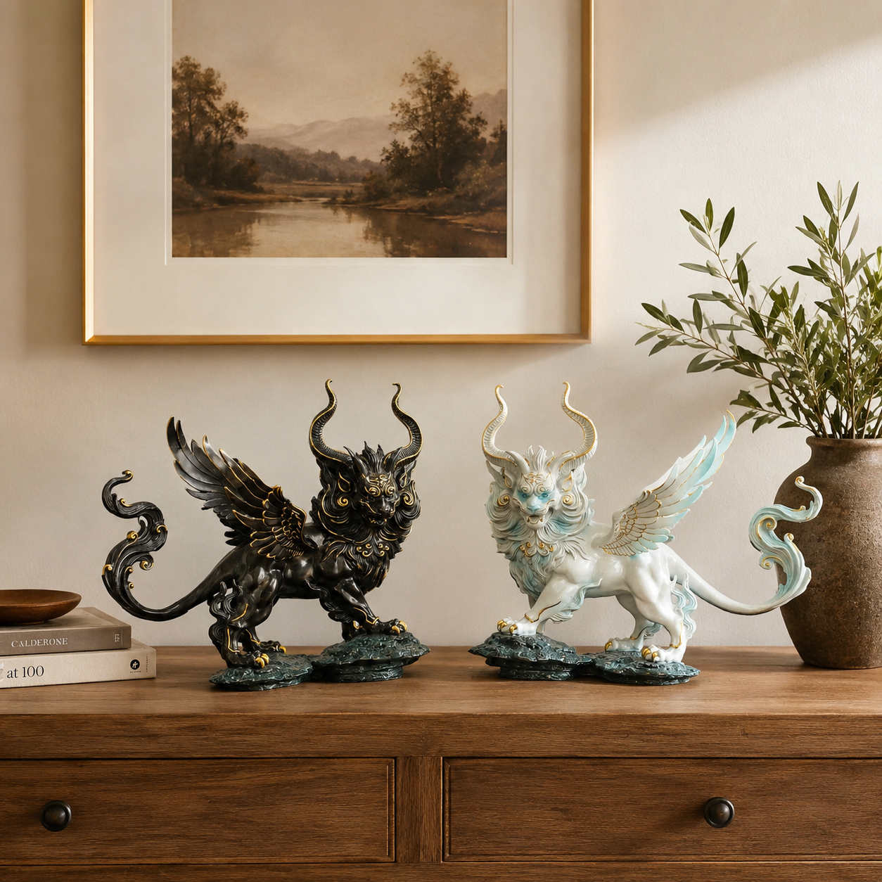 Winged Bai Ze Guardian Statue – Solid Brass Decor for Wisdom & Protection - ShaolinMart