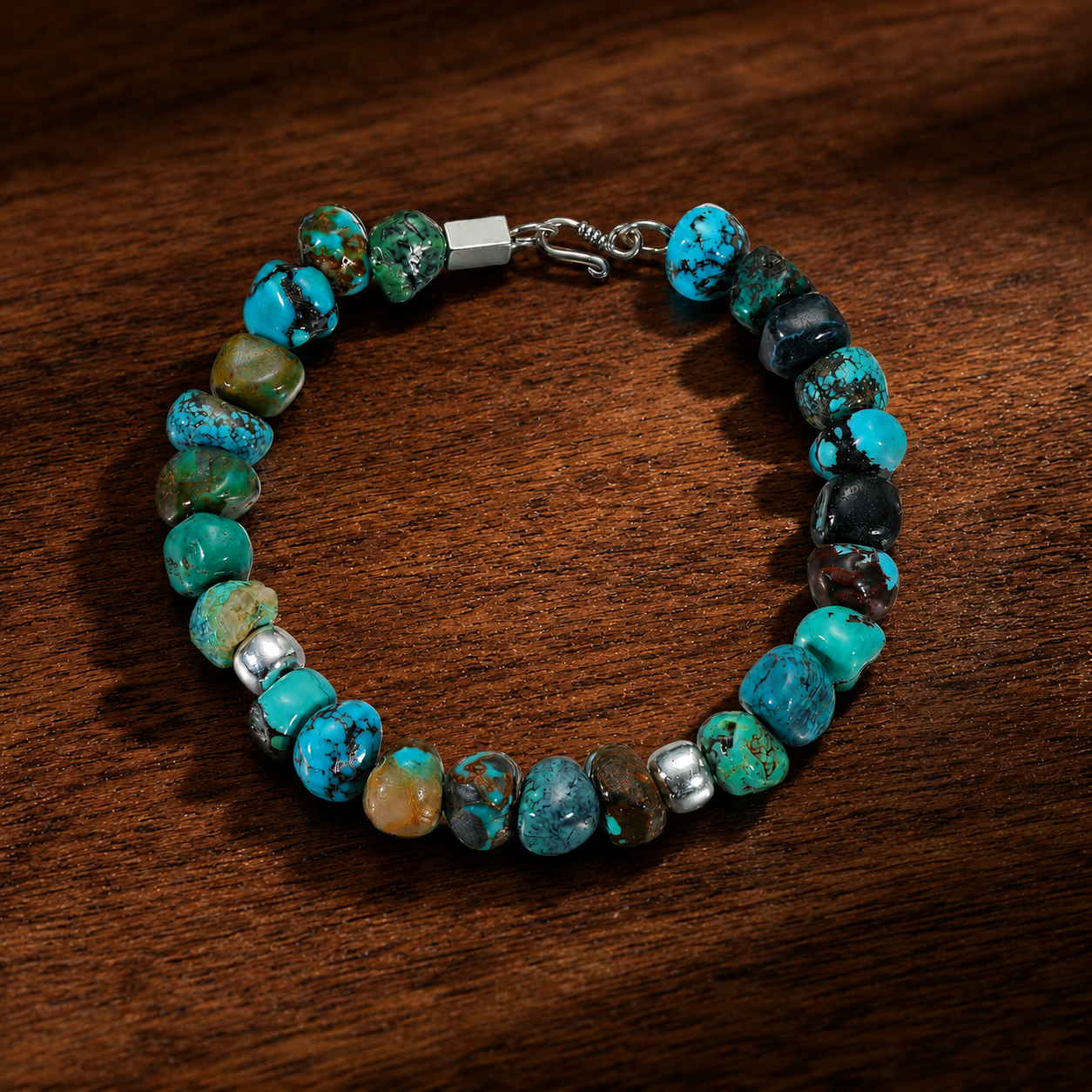 The "Grounded Calm" Natural Irregular Turquoise & 925 Silver Bead Bracelet – Unisex Bohemian Artisan Wellness Jewelry