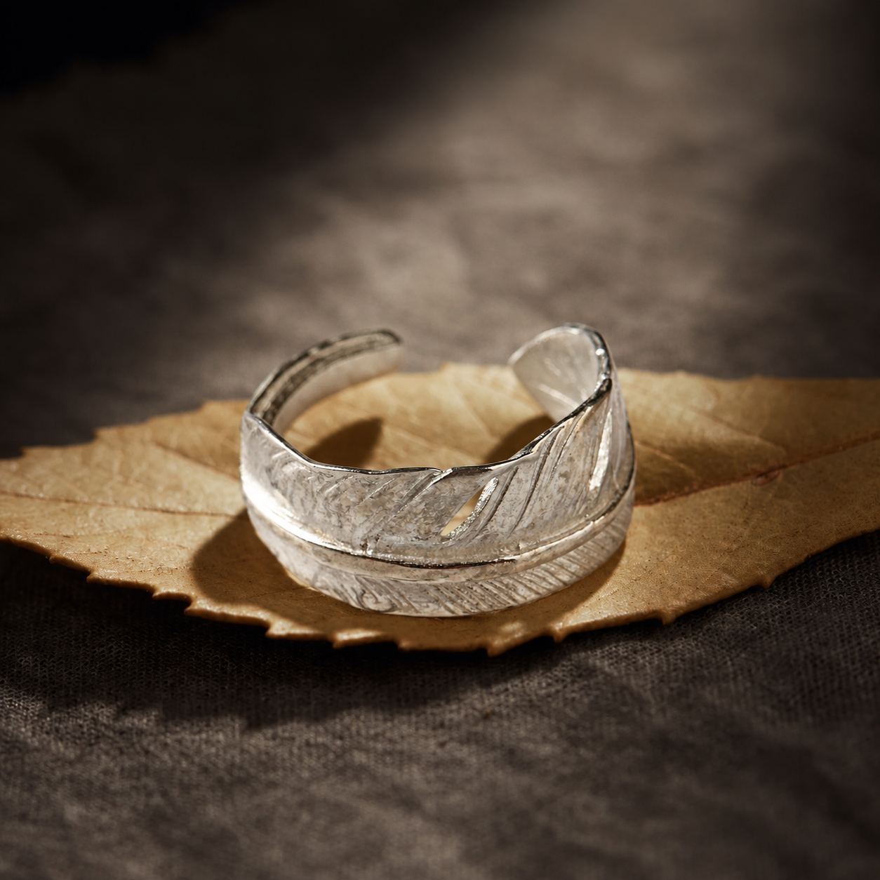 Minimal Feather Pinky Ring – S925 Sterling Silver Adjustable Open