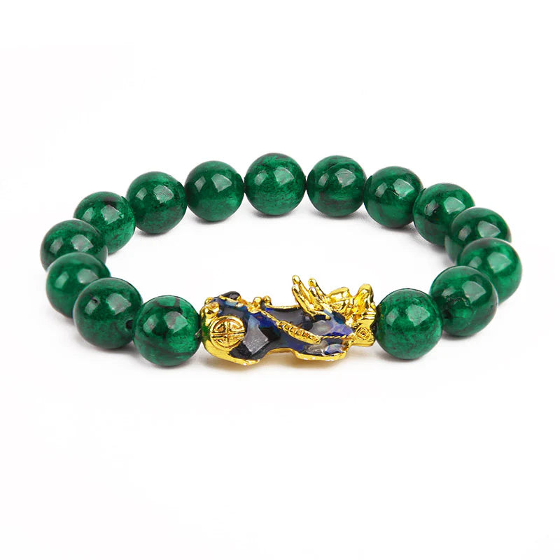 Green malachite prayer beads with gold dragon charm, Buddhist mindfulness accessory