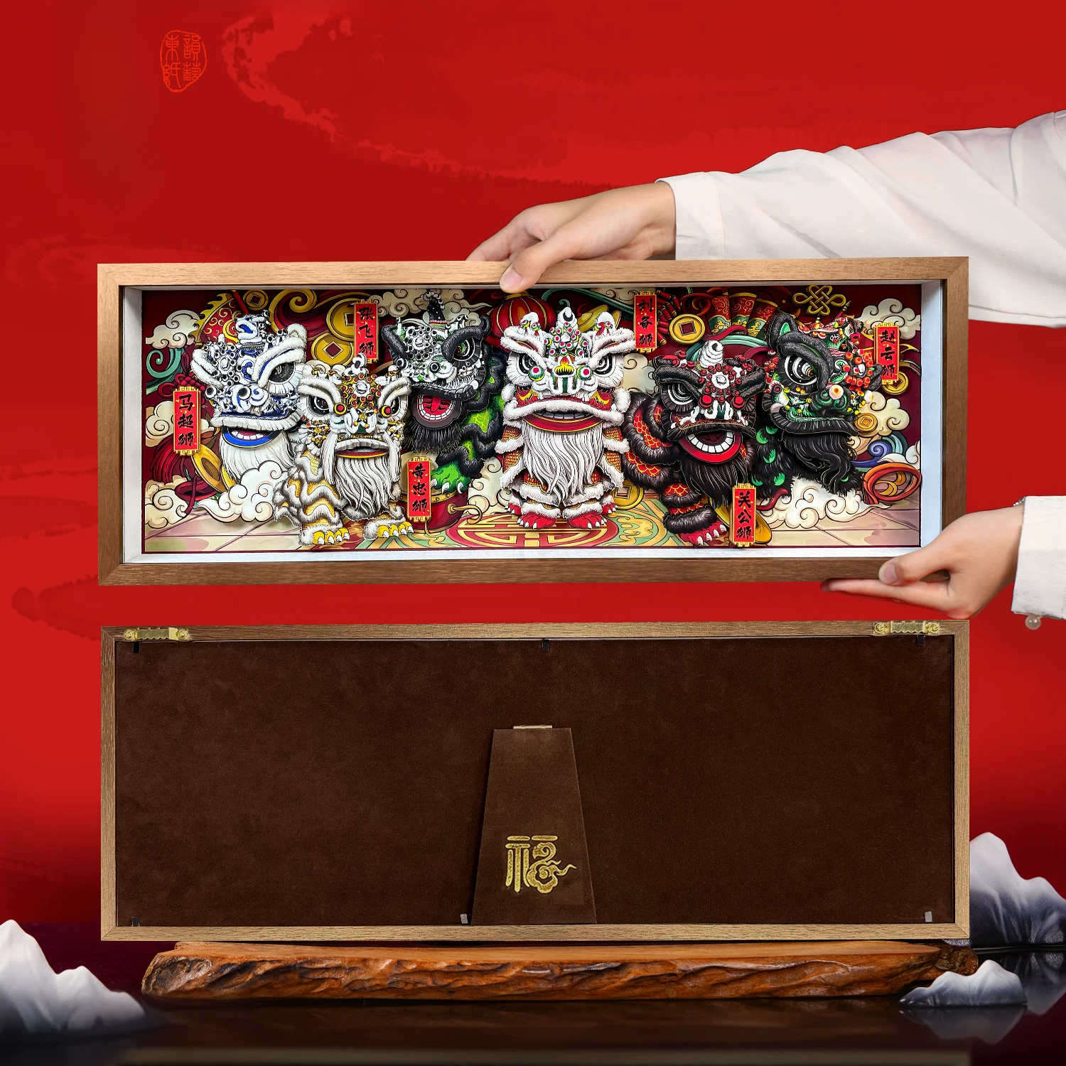 3D "One Emperor & Five Tiger Lions" Panoramic Shadow Box – Handcrafted Lion Dance Paper Carving Art, Walnut-Framed (ICH Series)