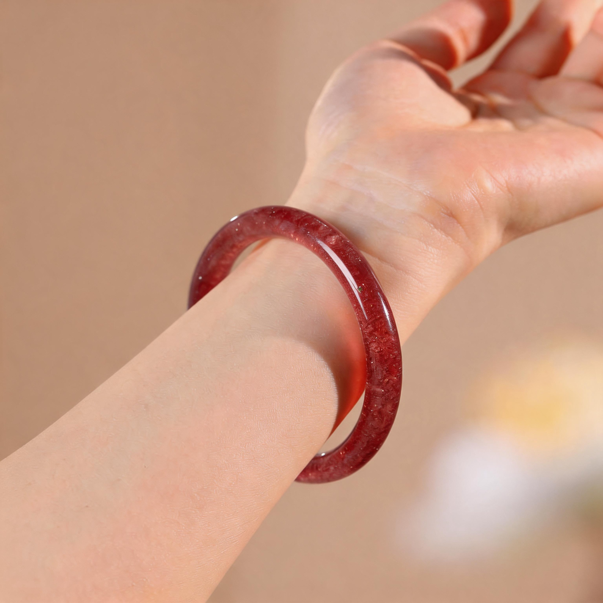 Natural Strawberry Quartz Bangle Bracelet – Pigeon Blood Red Asterism Crystal Smooth Round Bangle for Women