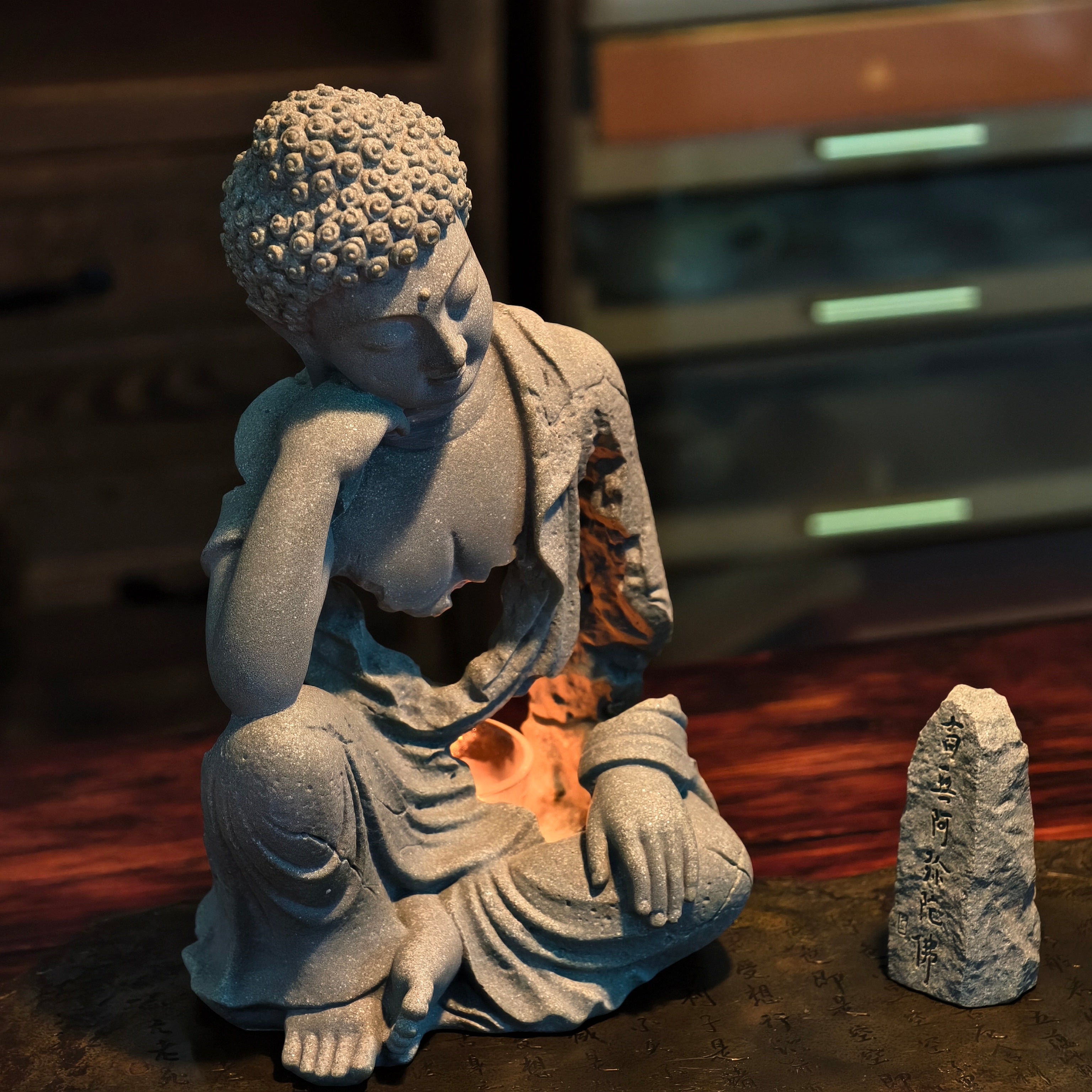 Resting Buddha Sandstone Statue with Free Namo Amitabha Buddha Stone Plaque
