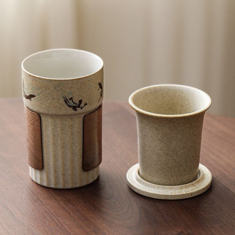 匠の陶器製ティー&コーヒー用マグカップ｜インフューザー内蔵＆木製スリーブ付き