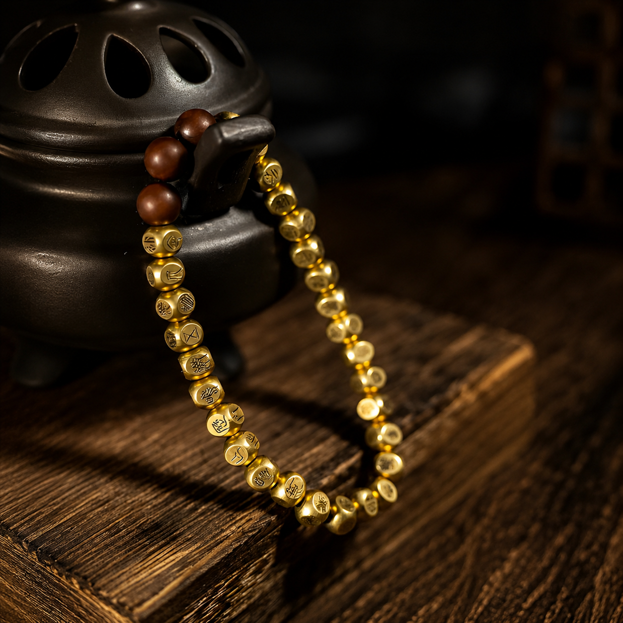 Golden Light Mantra Solid Copper Bead Bracelet with Thunderstruck Jujube Wood – Symbol of Protection & Balance - ShaolinMart