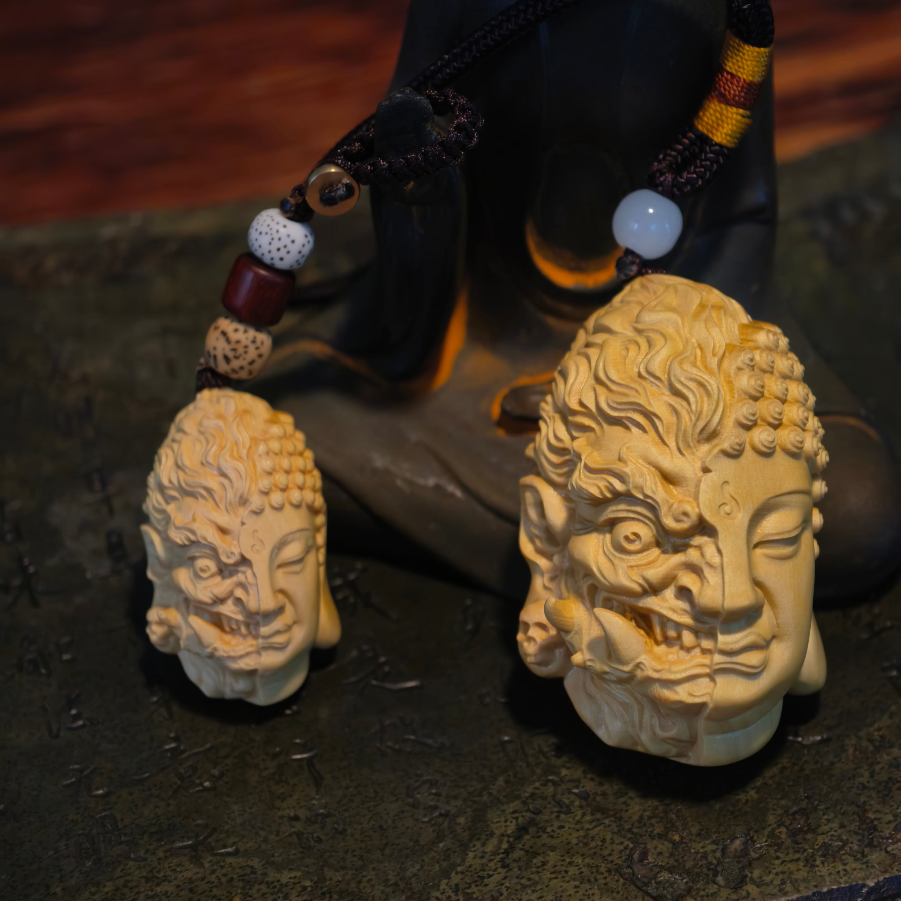 Harmony in Chaos – “The Duality of Mind” Half Buddha, Half Demon Boxwood Pendant - ShaolinMart