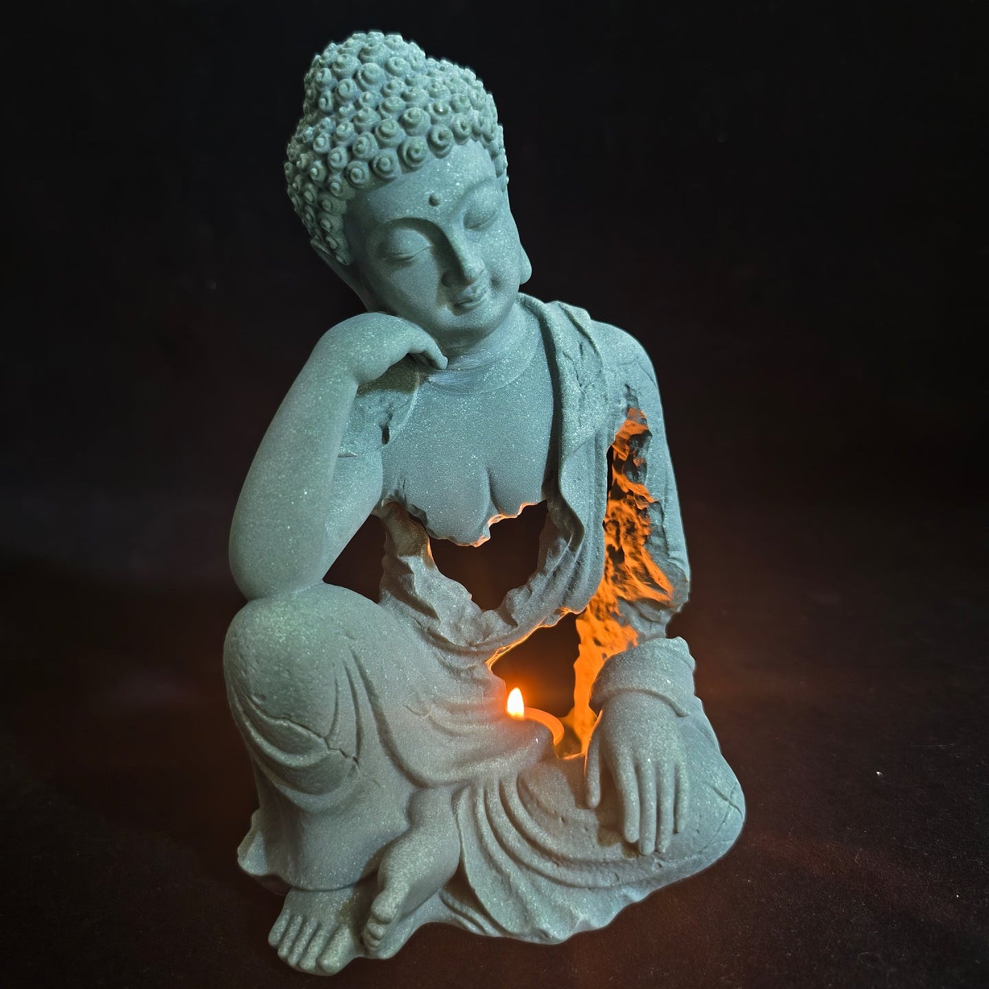 Modern Mindful Buddha Silhouette: Sandstone Sculpture & Ambient Candle Holder