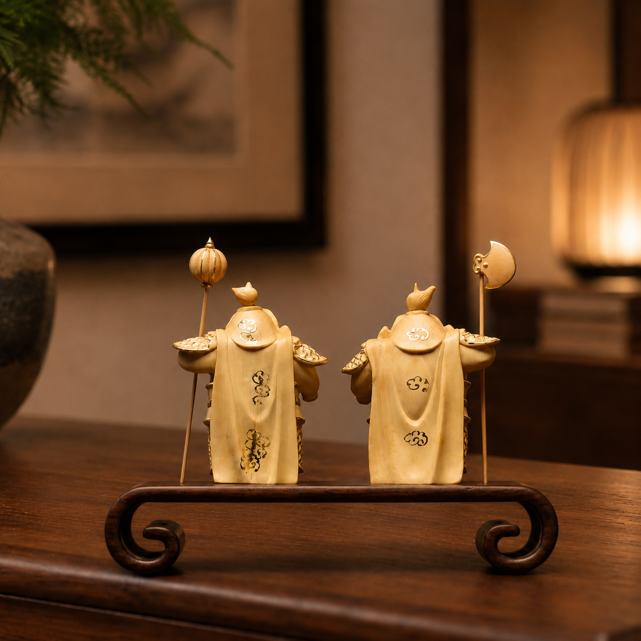 Hmm-Ha Guardian Boxwood Statues – Hand-Carved Gold-Detail Temple Door Protectors