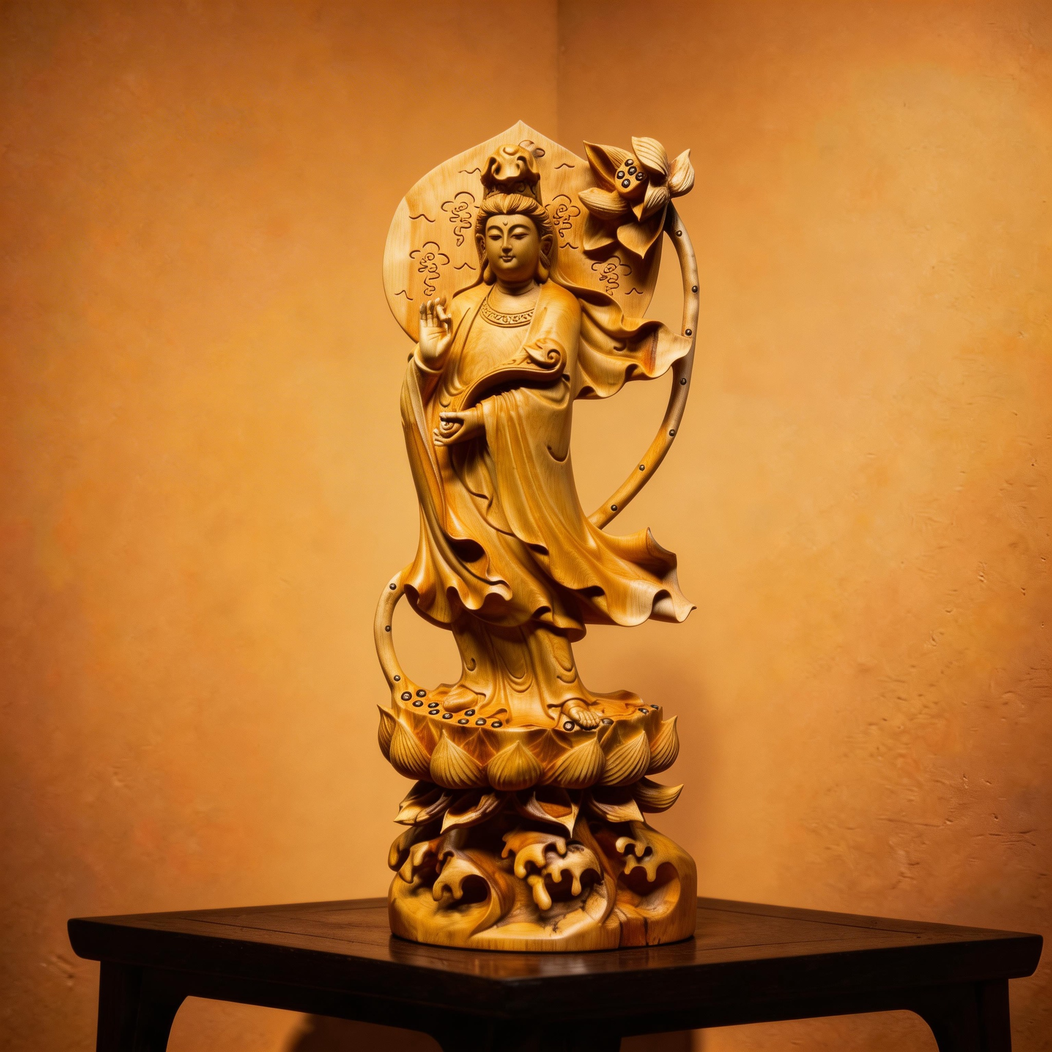 32.7" Masterpiece Hand-Carved Solid Thuja Wood "Ruyi Guanyin" Sculpture
