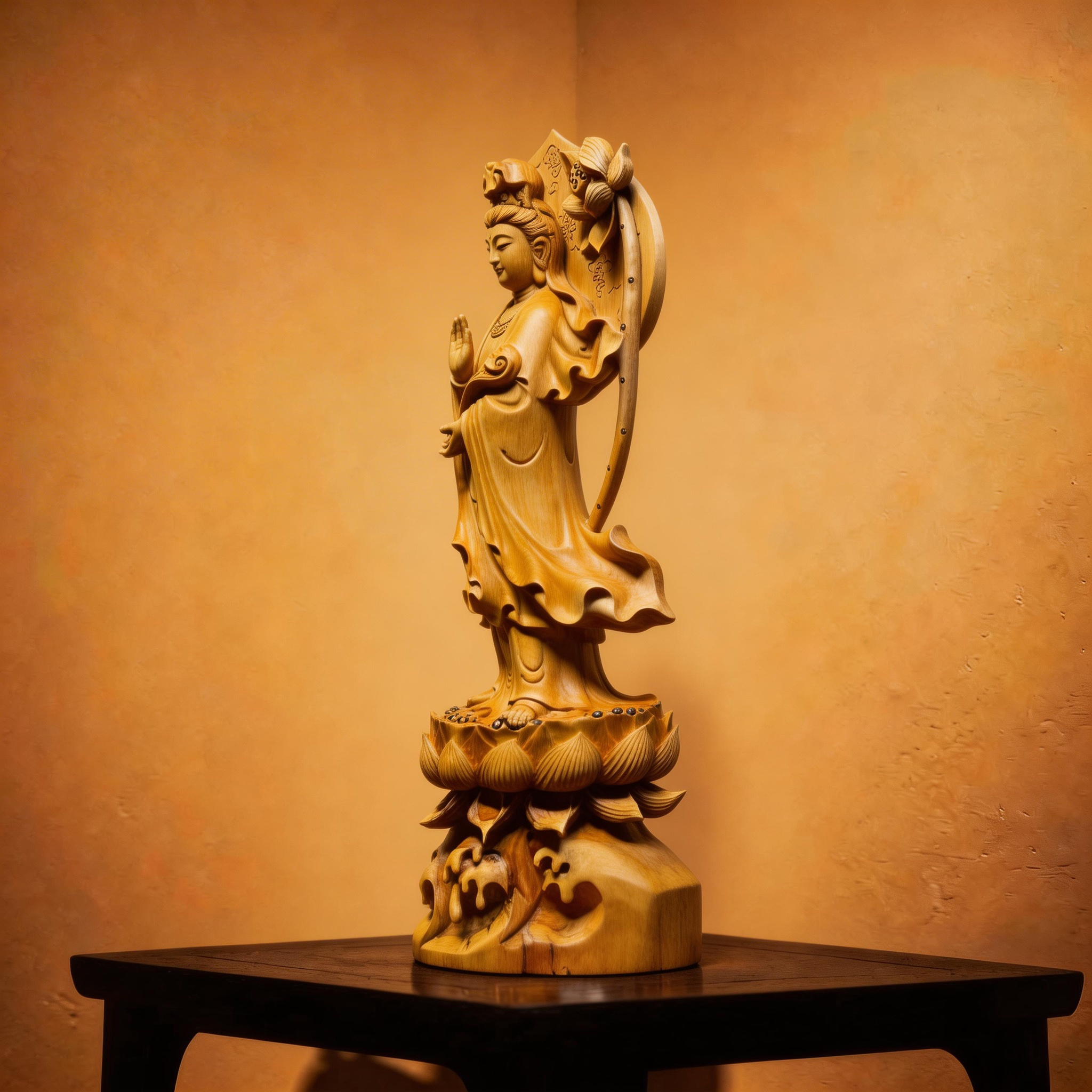 32.7" Masterpiece Hand-Carved Solid Thuja Wood "Ruyi Guanyin" Sculpture
