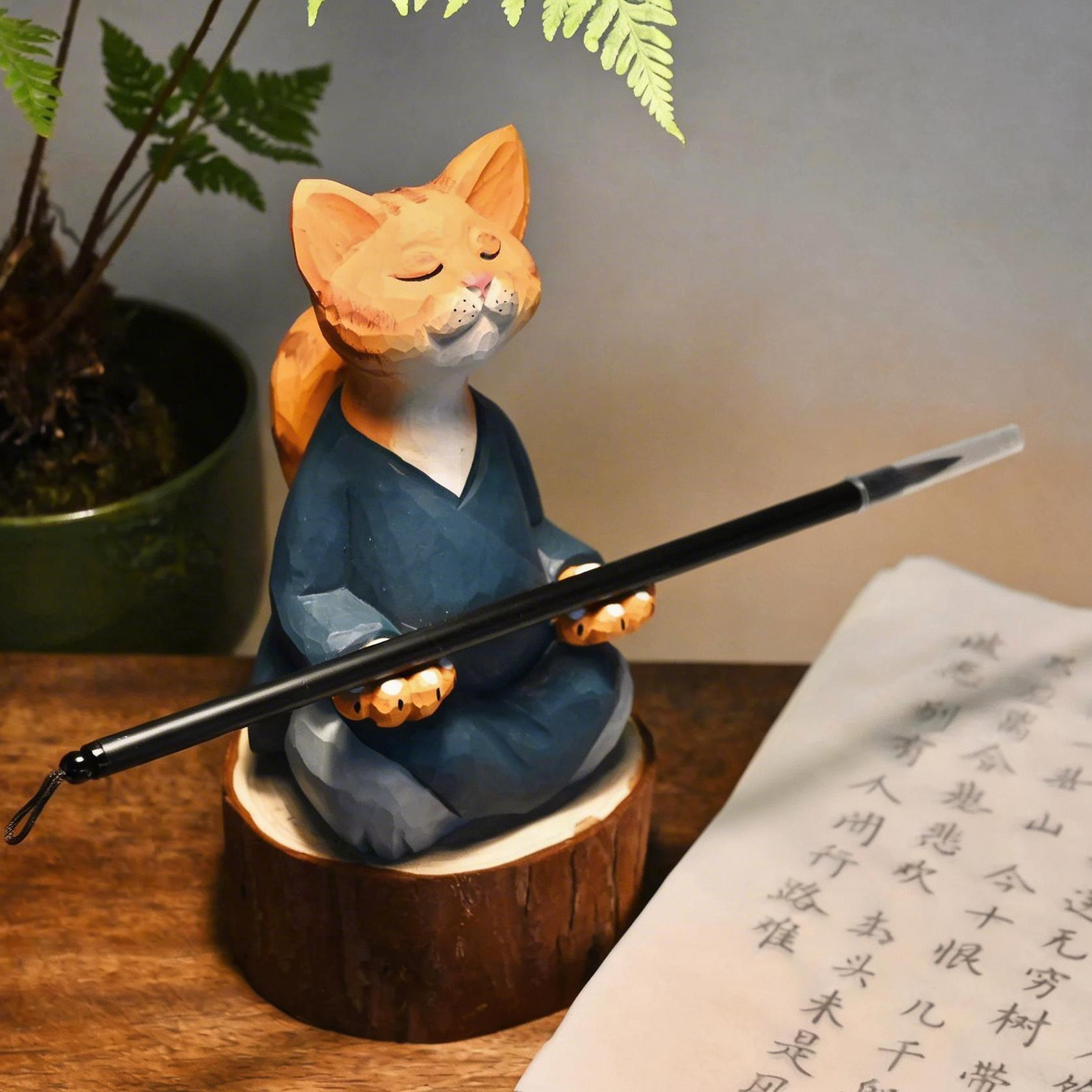 精神統一する猫：安らかな青いローブをまとった職人手彫りの木製置物