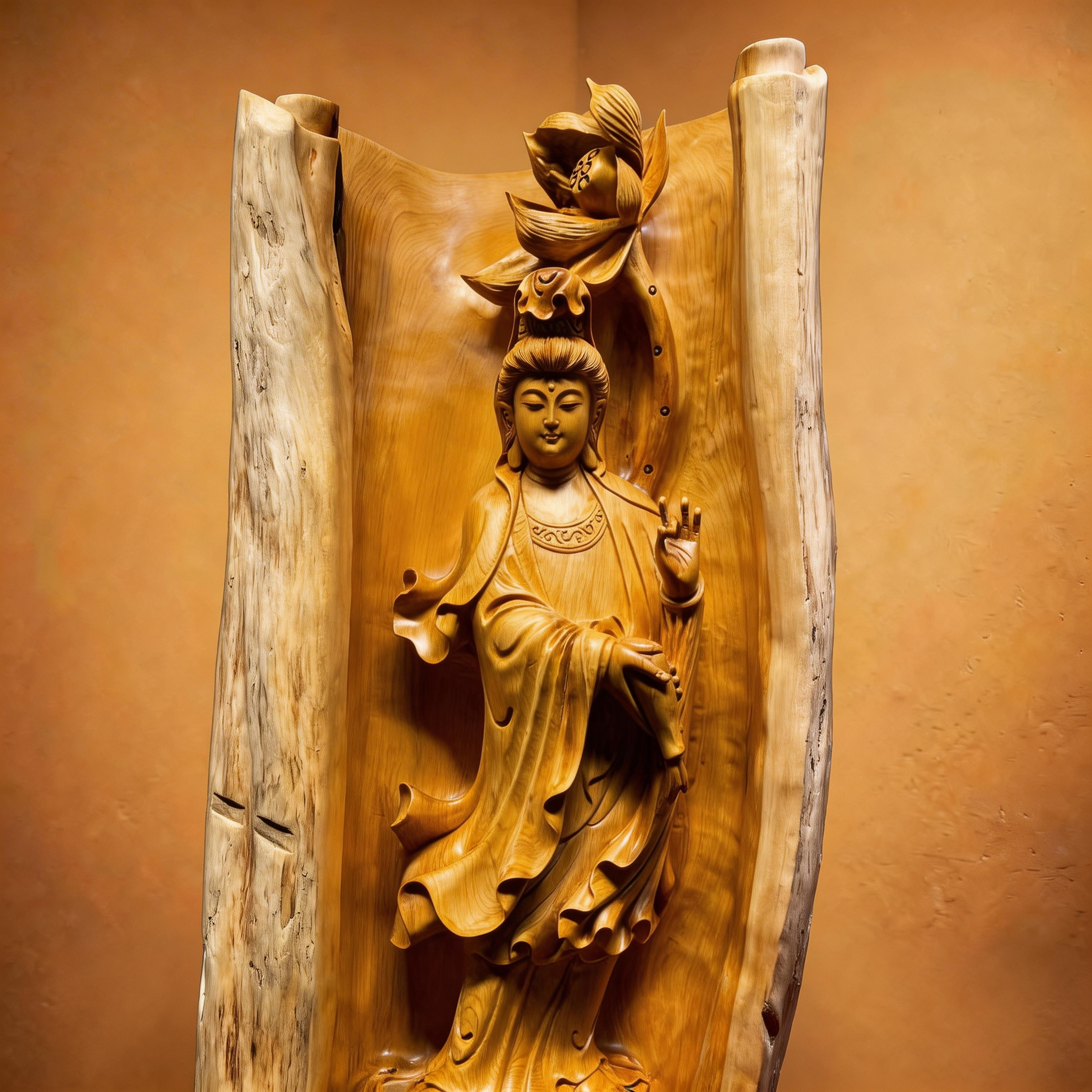 37.8" Masterpiece Hand-Carved Solid Thuja Wood "Lotus Guanyin" Sculpture
