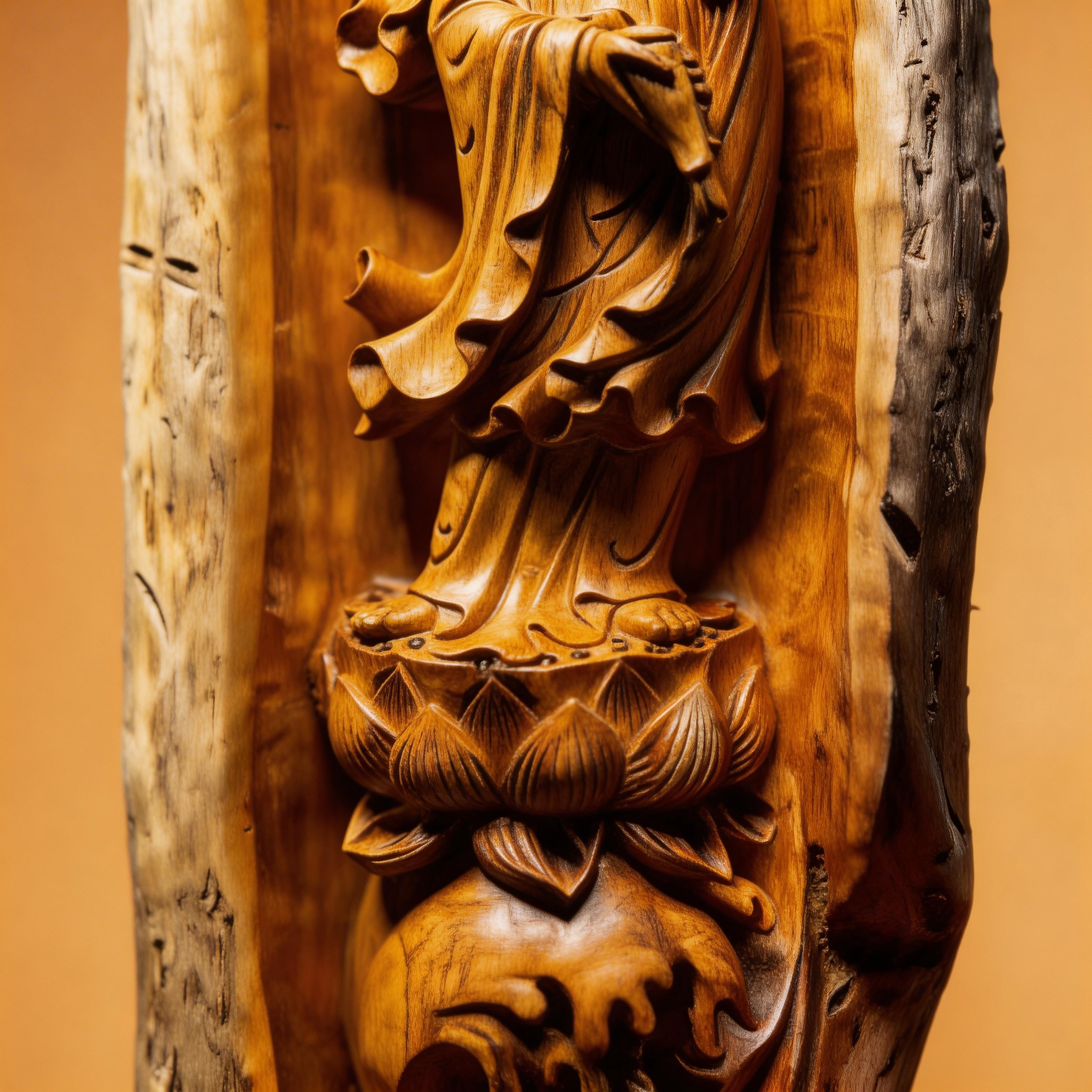 37.8" Masterpiece Hand-Carved Solid Thuja Wood "Lotus Guanyin" Sculpture