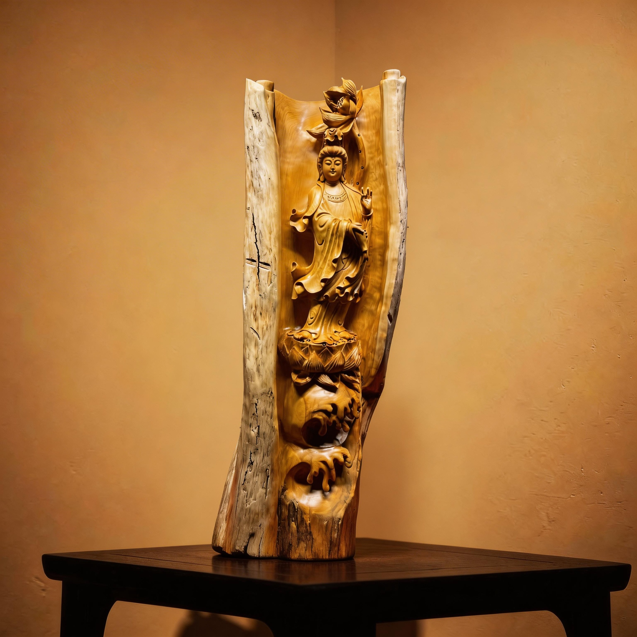 37.8" Masterpiece Hand-Carved Solid Thuja Wood "Lotus Guanyin" Sculpture