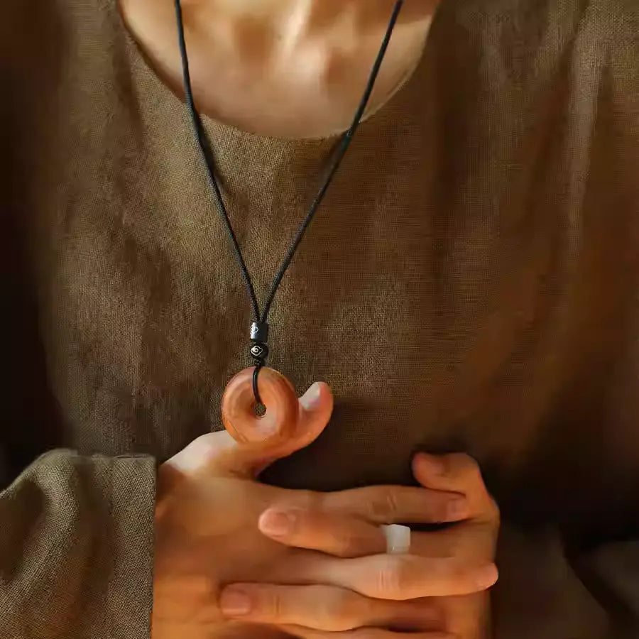 Wooden Peace Buckle Pendant Necklace – Zen Jewelry with Silver Accent