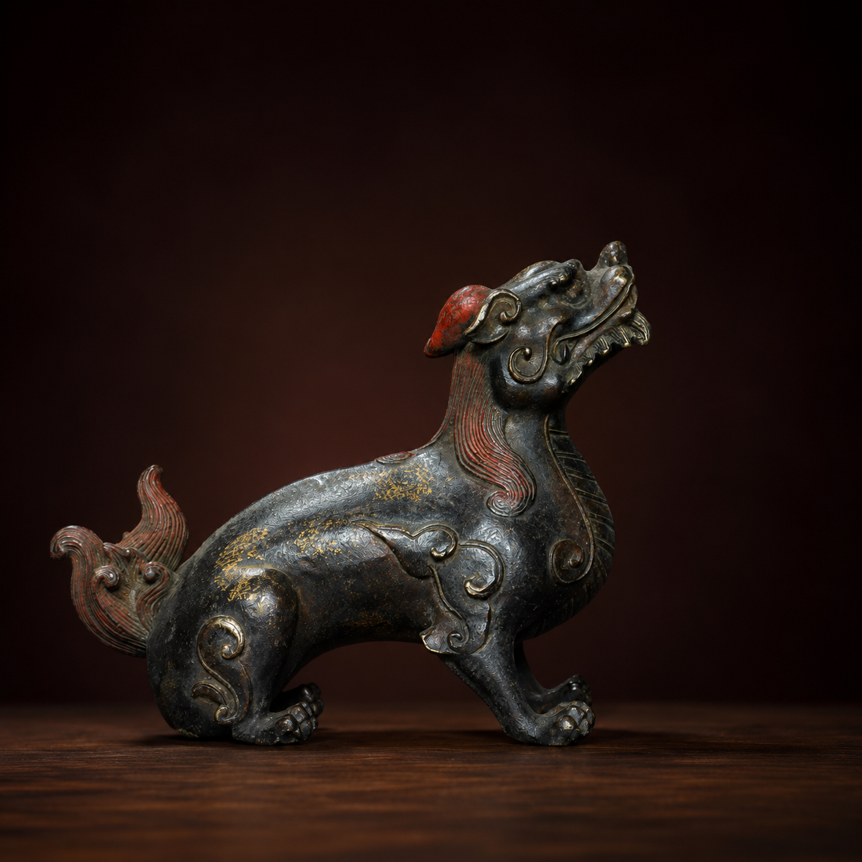 Handcrafted Antique Gilt Bronze Auspicious Beast Statue – Heavy Patina Mythical Protection Creature Wealth Sculpture