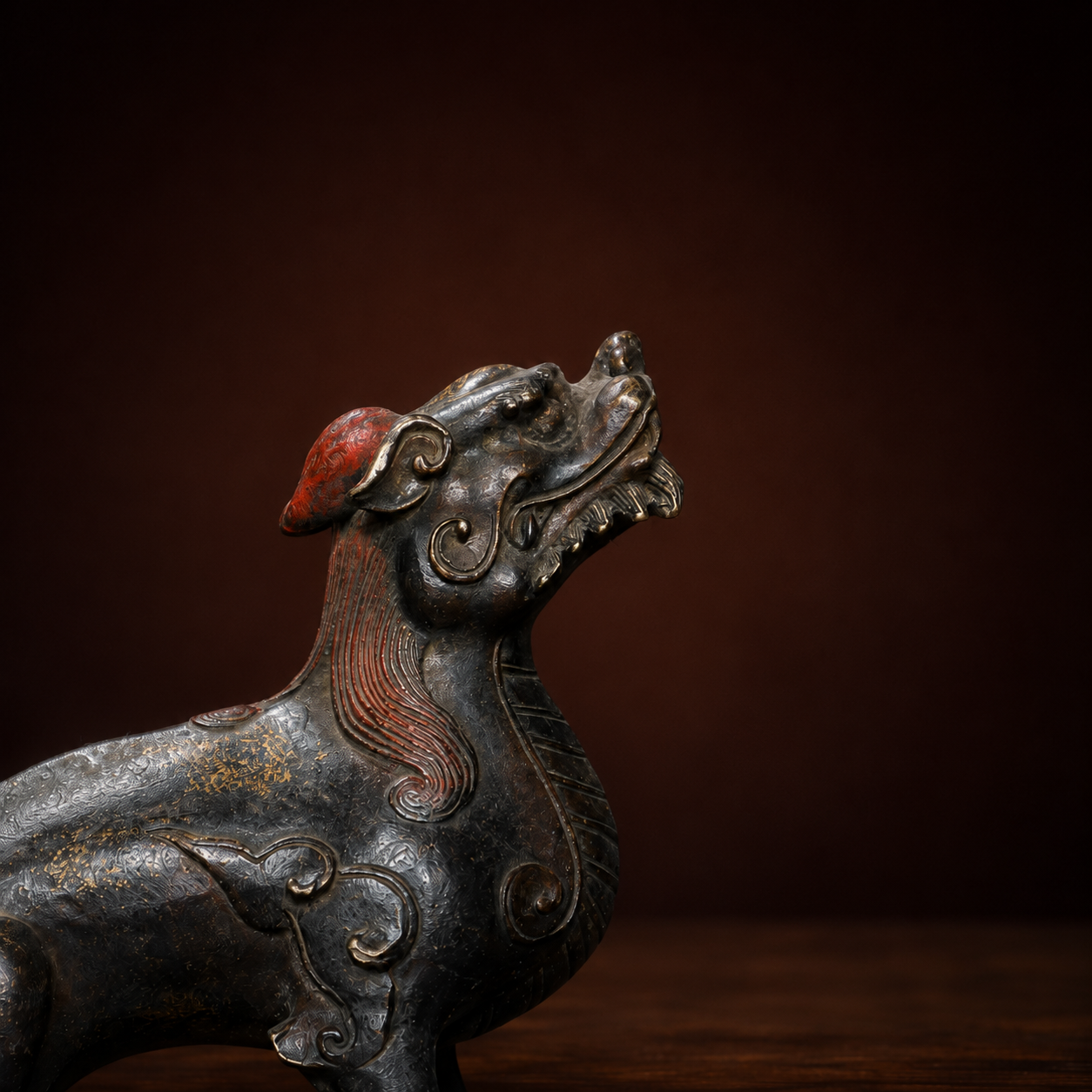 Handcrafted Antique Gilt Bronze Auspicious Beast Statue – Heavy Patina Mythical Protection Creature Wealth Sculpture