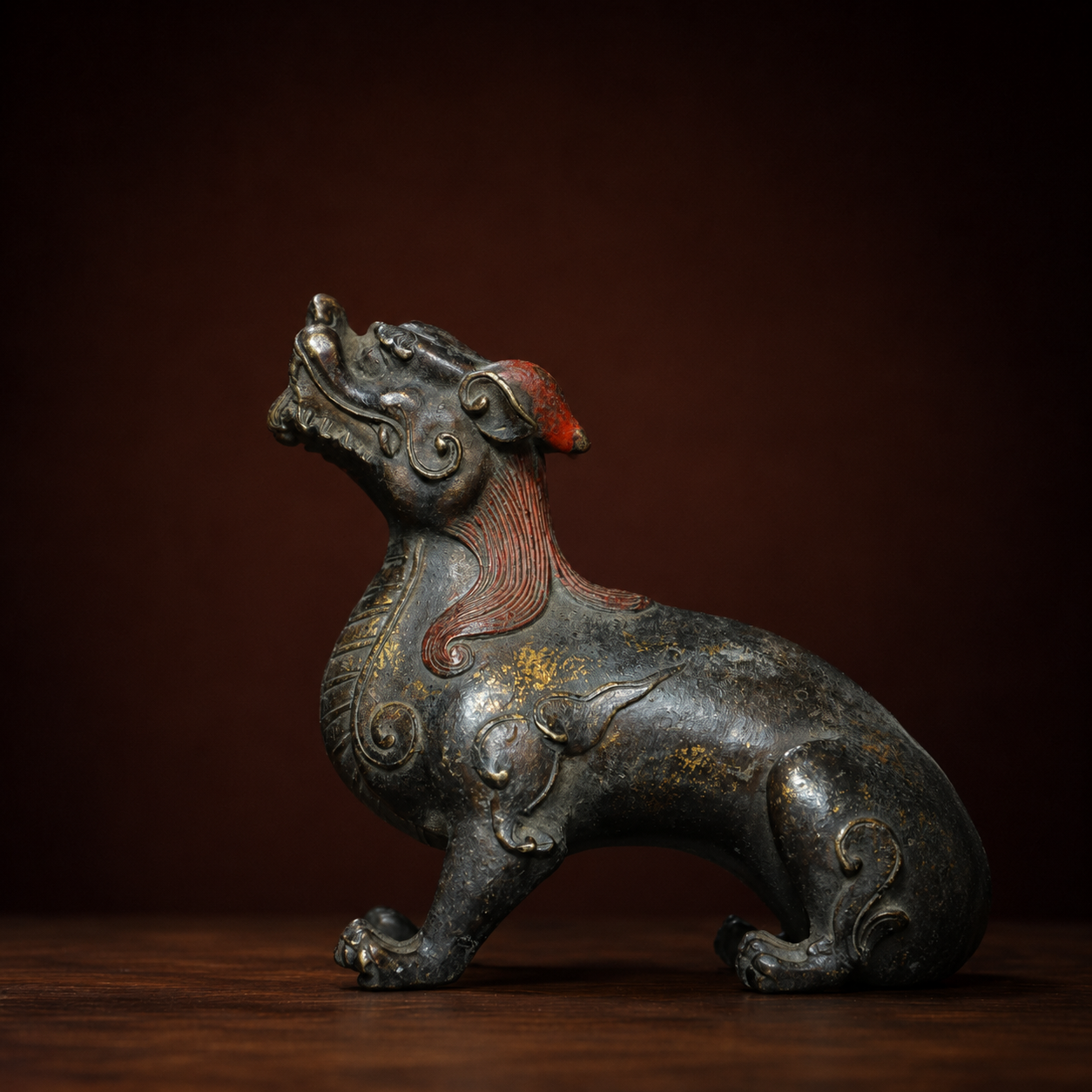 Handcrafted Antique Gilt Bronze Auspicious Beast Statue – Heavy Patina Mythical Protection Creature Wealth Sculpture