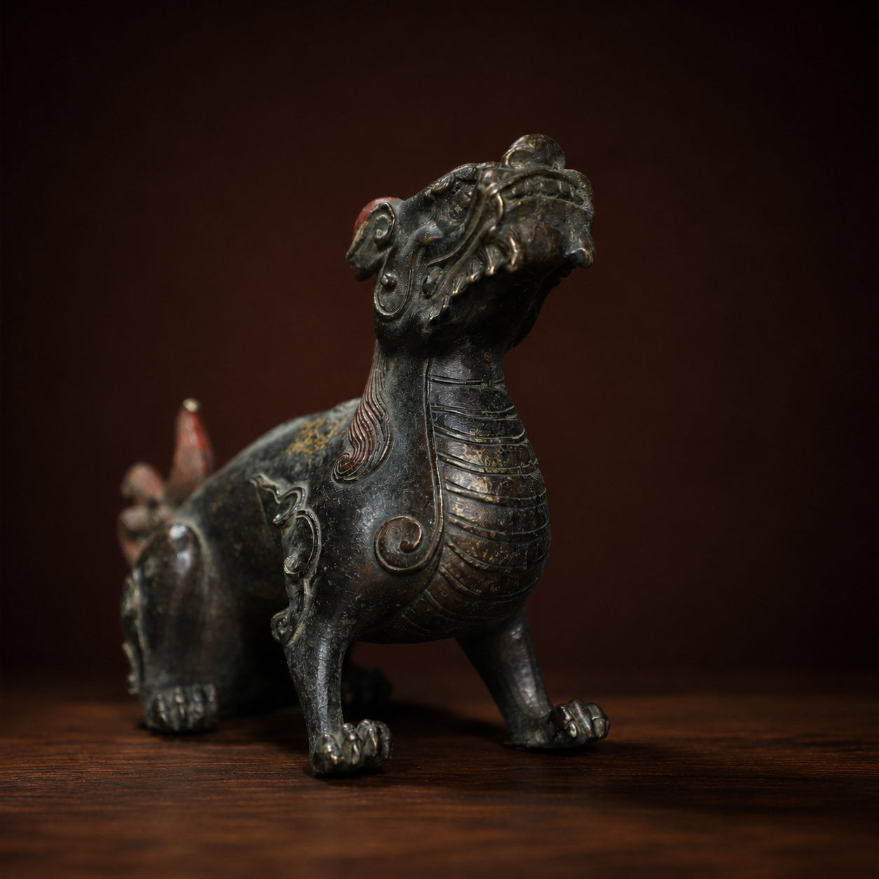 Handcrafted Antique Gilt Bronze Auspicious Beast Statue – Heavy Patina Mythical Protection Creature Wealth Sculpture