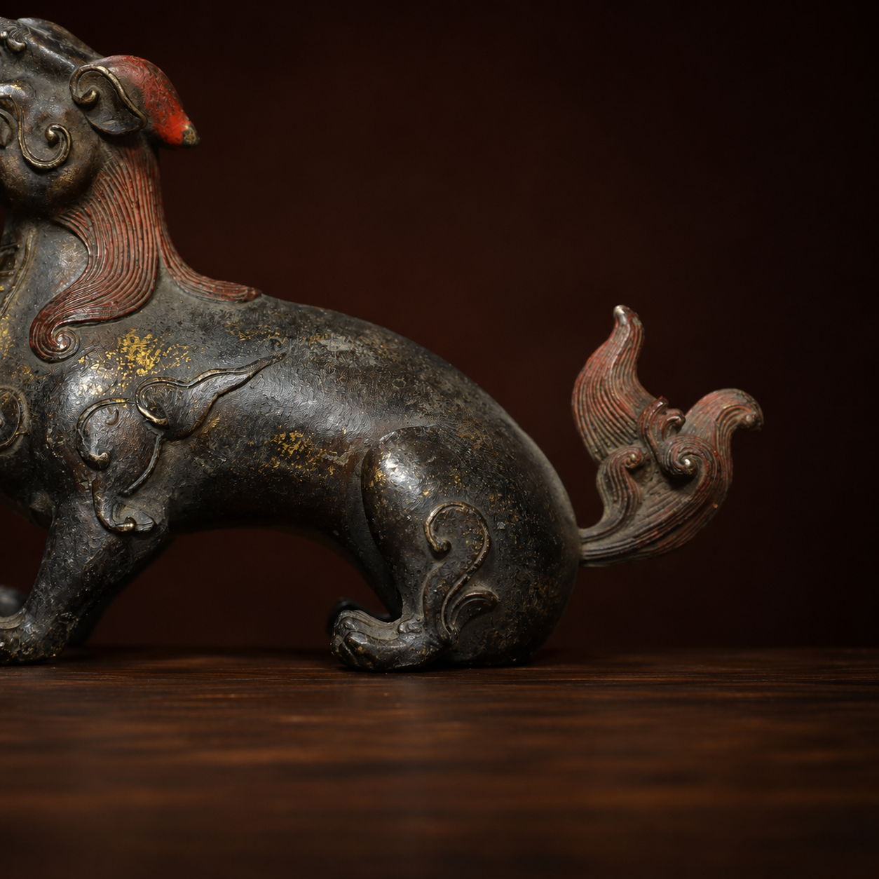 Handcrafted Antique Gilt Bronze Auspicious Beast Statue – Heavy Patina Mythical Protection Creature Wealth Sculpture