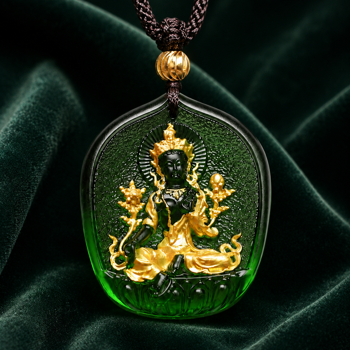Handcrafted Green Tara Pendant Necklace – Ancient Method Liu Li Glass Gilded Protective Amulet