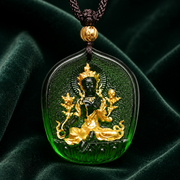 Handcrafted Green Tara Pendant Necklace – Ancient Method Liu Li Glass Gilded Protective Amulet
