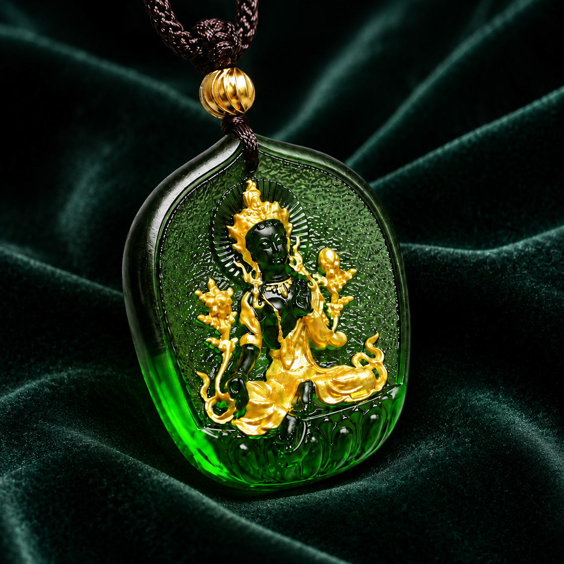 Handcrafted Green Tara Pendant Necklace – Ancient Method Liu Li Glass Gilded Protective Amulet