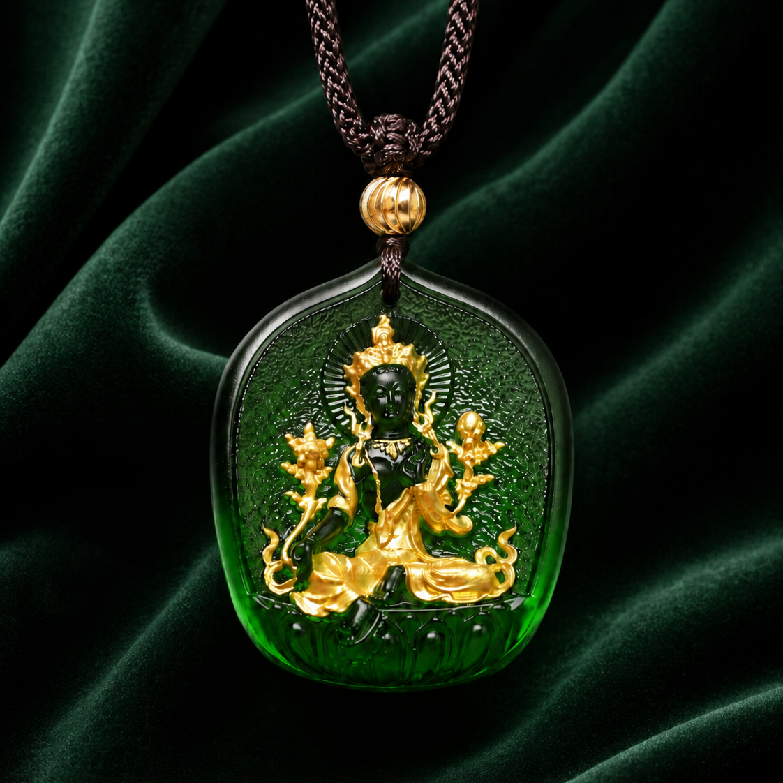 Handcrafted Green Tara Pendant Necklace – Ancient Method Liu Li Glass Gilded Protective Amulet