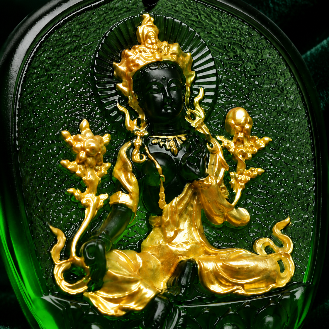 Handcrafted Green Tara Pendant Necklace – Ancient Method Liu Li Glass Gilded Protective Amulet