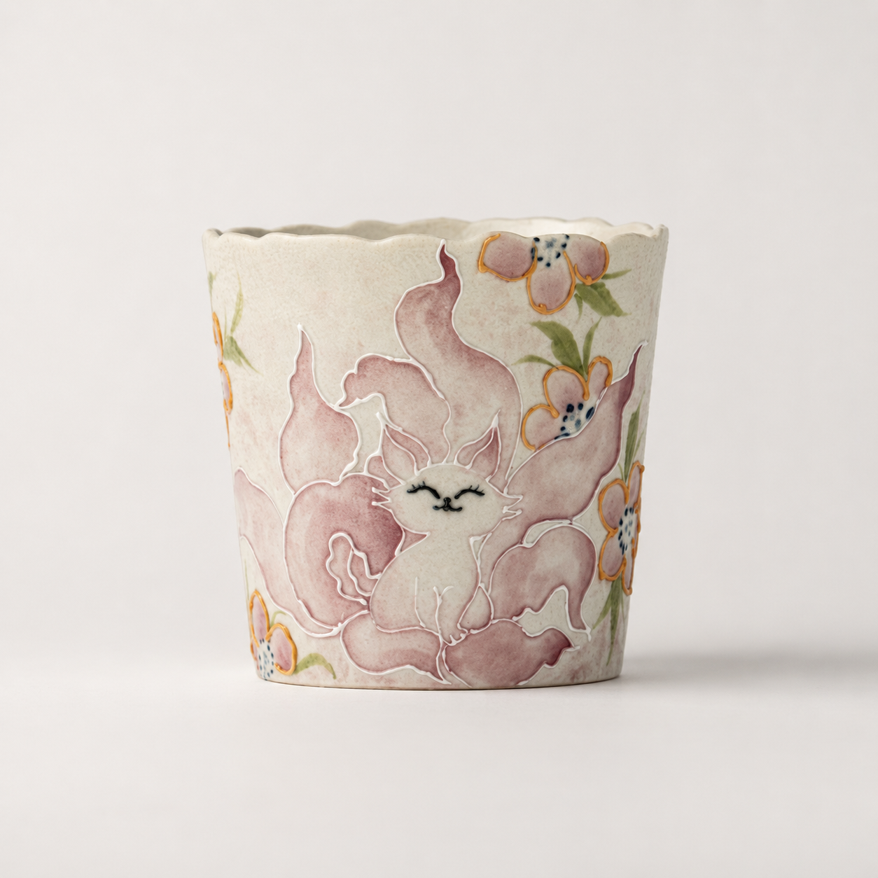 Hand-Painted Nine-Tailed Fox Antique Ceramic Teacup – Flint Red Glaze Flower Wave Edge Kung Fu Master Tasting Cup