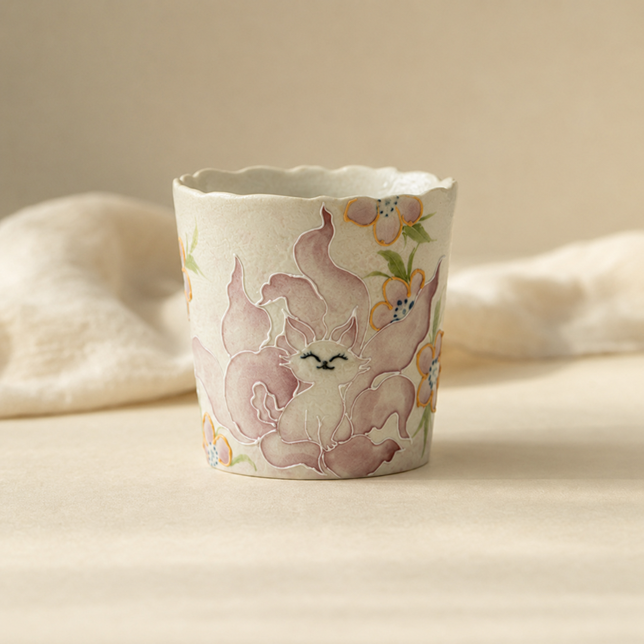 Hand-Painted Nine-Tailed Fox Antique Ceramic Teacup – Flint Red Glaze Flower Wave Edge Kung Fu Master Tasting Cup