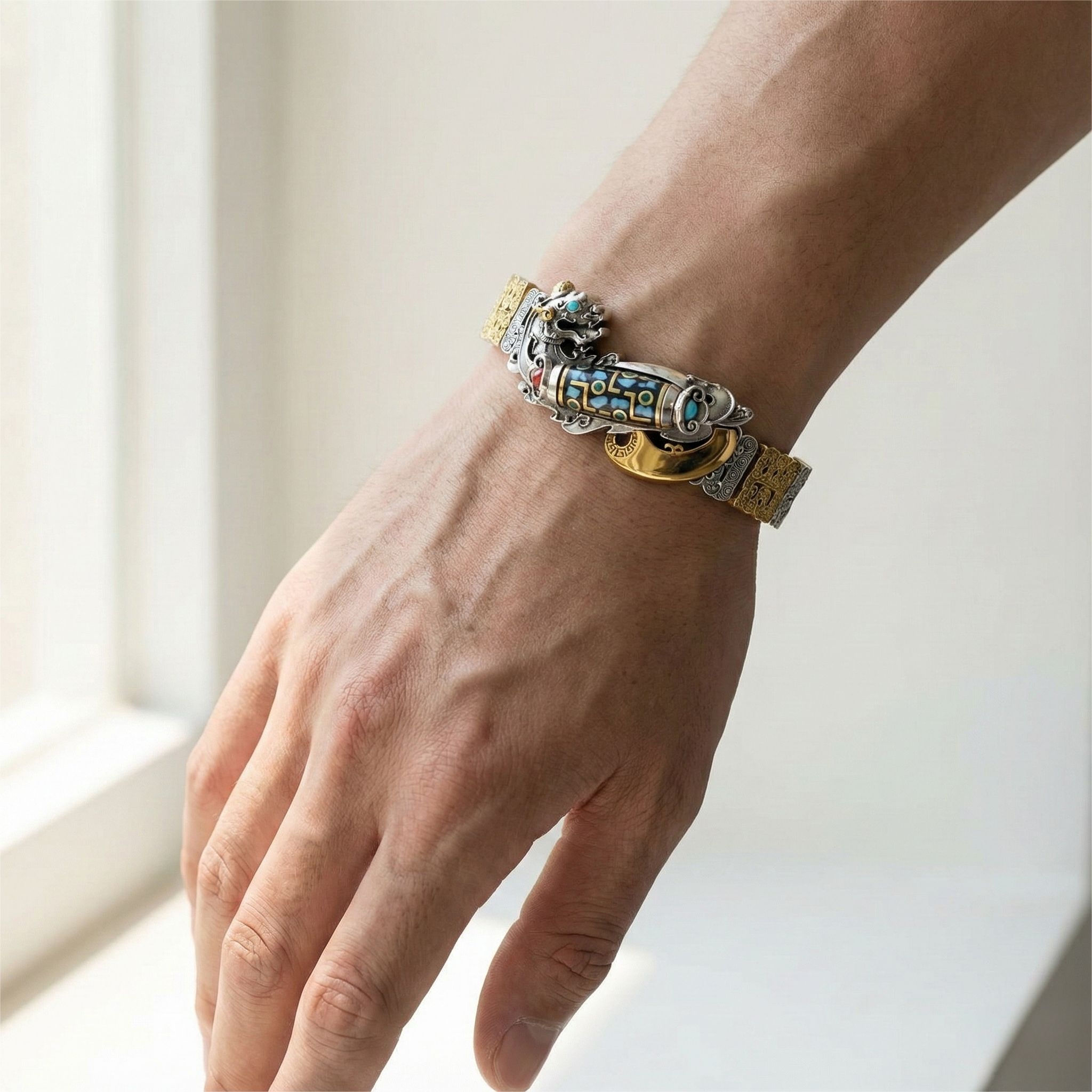 Shaolin-Infused Nine-Eye Dzi Bead Pixiu Silver Bracelet for Men | Retro Fortune-Turning Chinese Trend Design