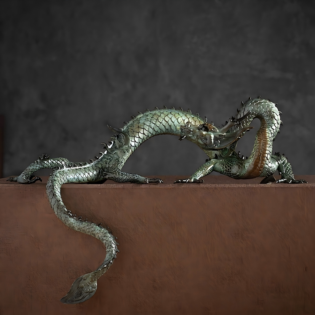 ShaolinMart Premium Imperial Brass Loong Statue – Five-Clawed Mythical Loong Sculpture, Thermal-Colored Patina Feng Shui Decor