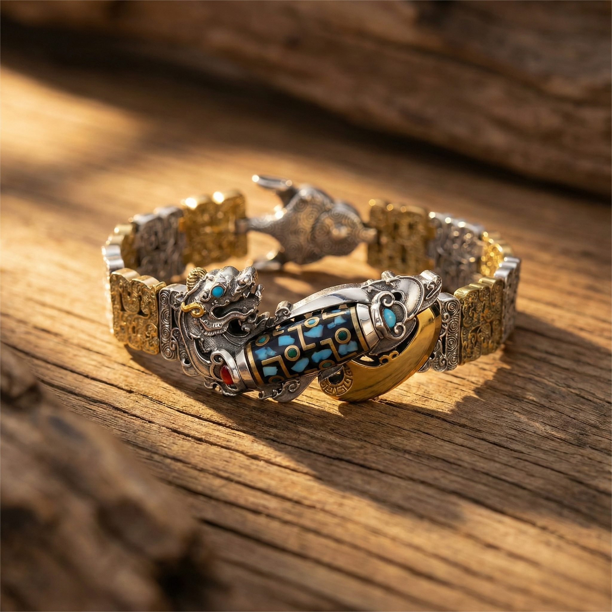 Shaolin-Infused Nine-Eye Dzi Bead Pixiu Silver Bracelet for Men | Retro Fortune-Turning Chinese Trend Design