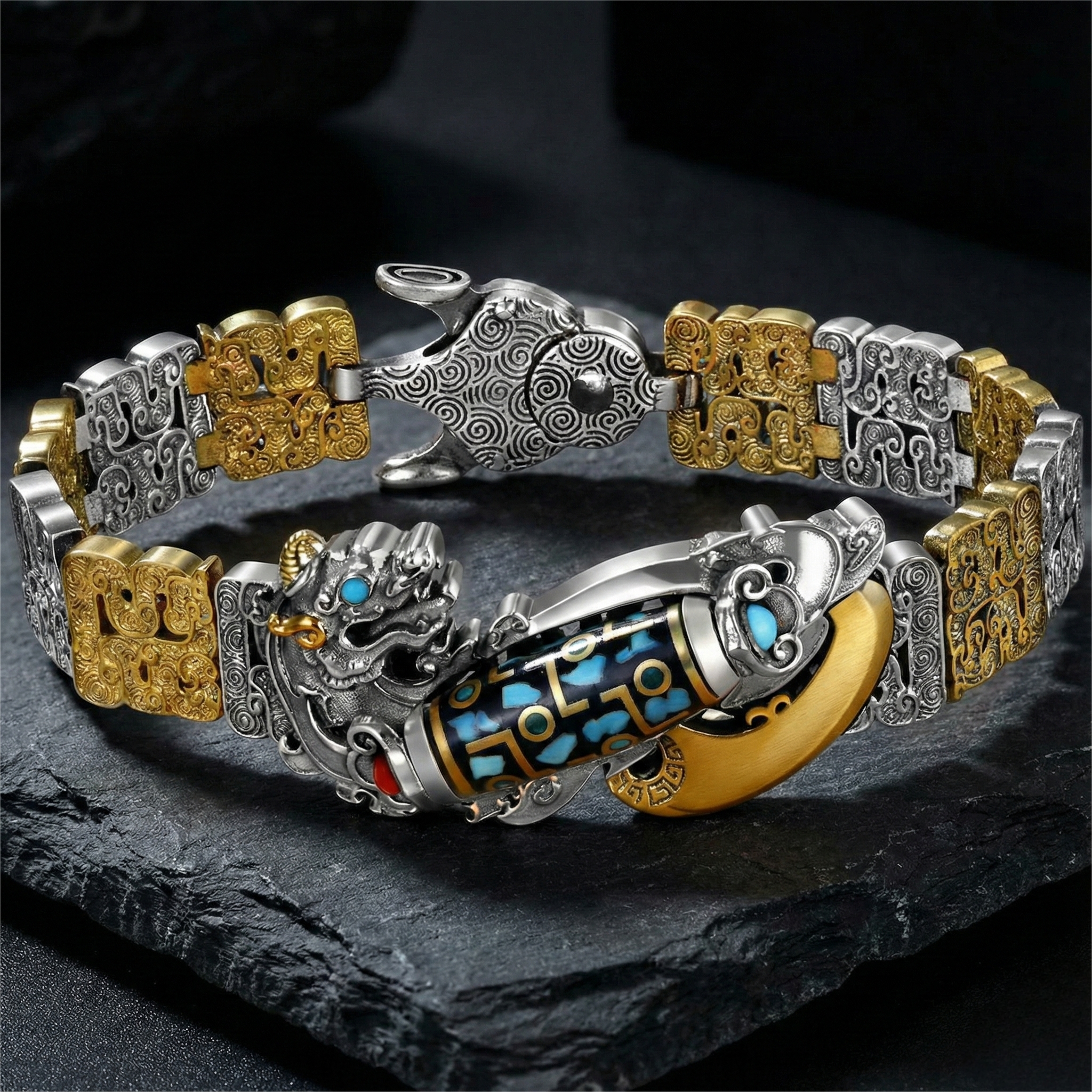 Shaolin-Infused Nine-Eye Dzi Bead Pixiu Silver Bracelet for Men | Retro Fortune-Turning Chinese Trend Design