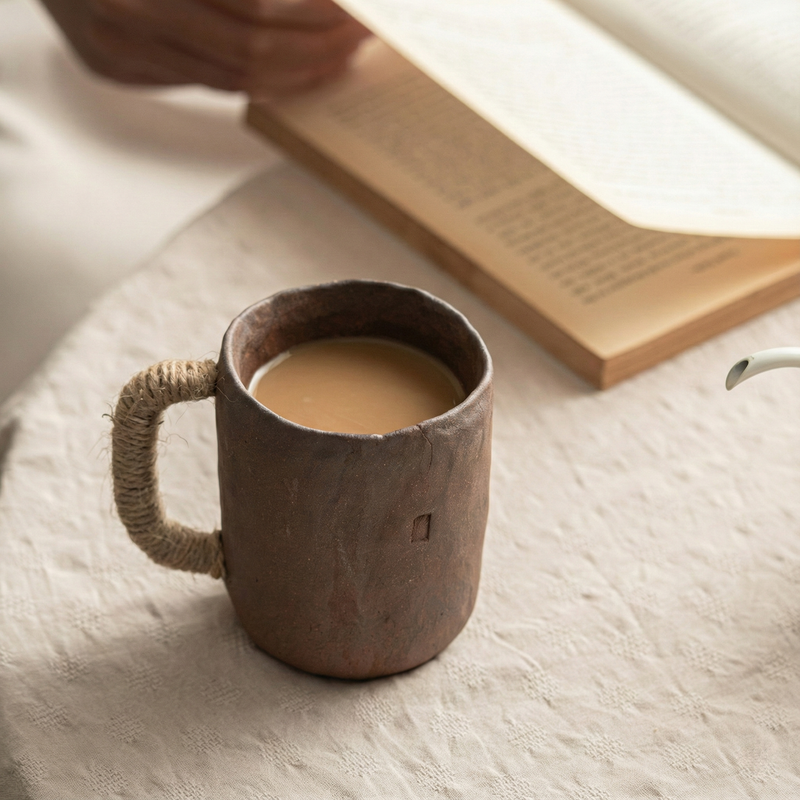 Shaolin "Raw Earth" Artisan Mug: Hand-Pinched Stoneware with Rustic Rope Handle