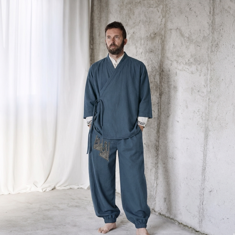 Shaolin Zen Master Linen shirt set- Breathable Cotton-Linen Cardigan Set